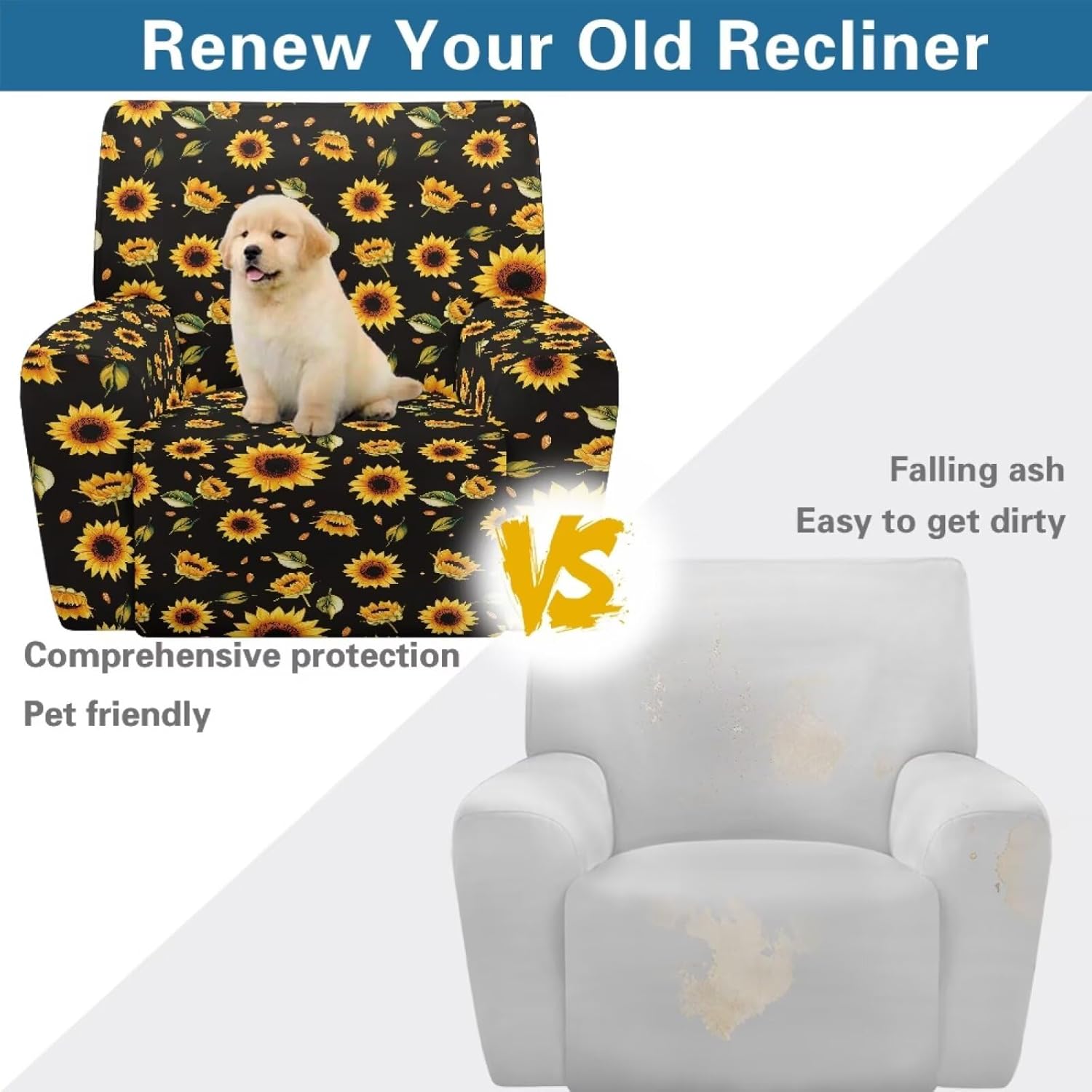 Sunflower Recliner Chair Covers for Living Room Lazy Boy Recliner Covers Chair Covers for Recliners with Arms Non Slip Reclining with Storage Pockets Portable Massage Chair Cover