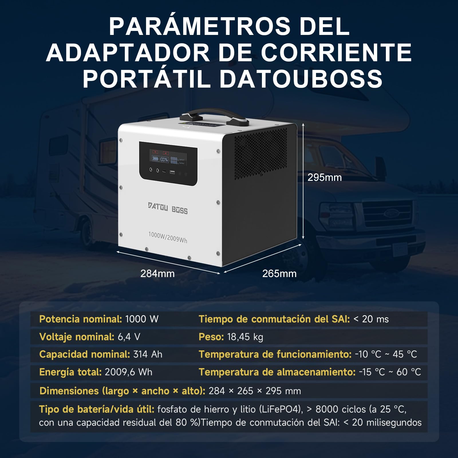DATOUBOSS Estación de Energía Portátil 1000W 2009Wh LiFePO4, carga rápida, múltiples salidas AC/DC/USB-C, carga solar, SAI para hogar, caravana, camping, oficina, viajes por carretera y cortes de luz
