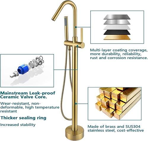 Miniatura 4 de SATICO Grifo de bañera independiente de níquel cepillado FF034BB para baño de una sola manija con grifo mezclador de ducha de mano con boquilla