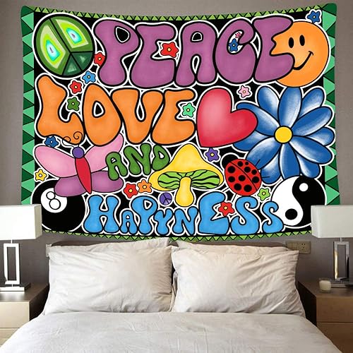 Miniatura 3 de F-FUN SOUL Tapiz de amor y felicidad, franela suave, 60 x 40 pulgadas, tapices de fiesta temática de los años 70, tapiz estético hippie para colgar