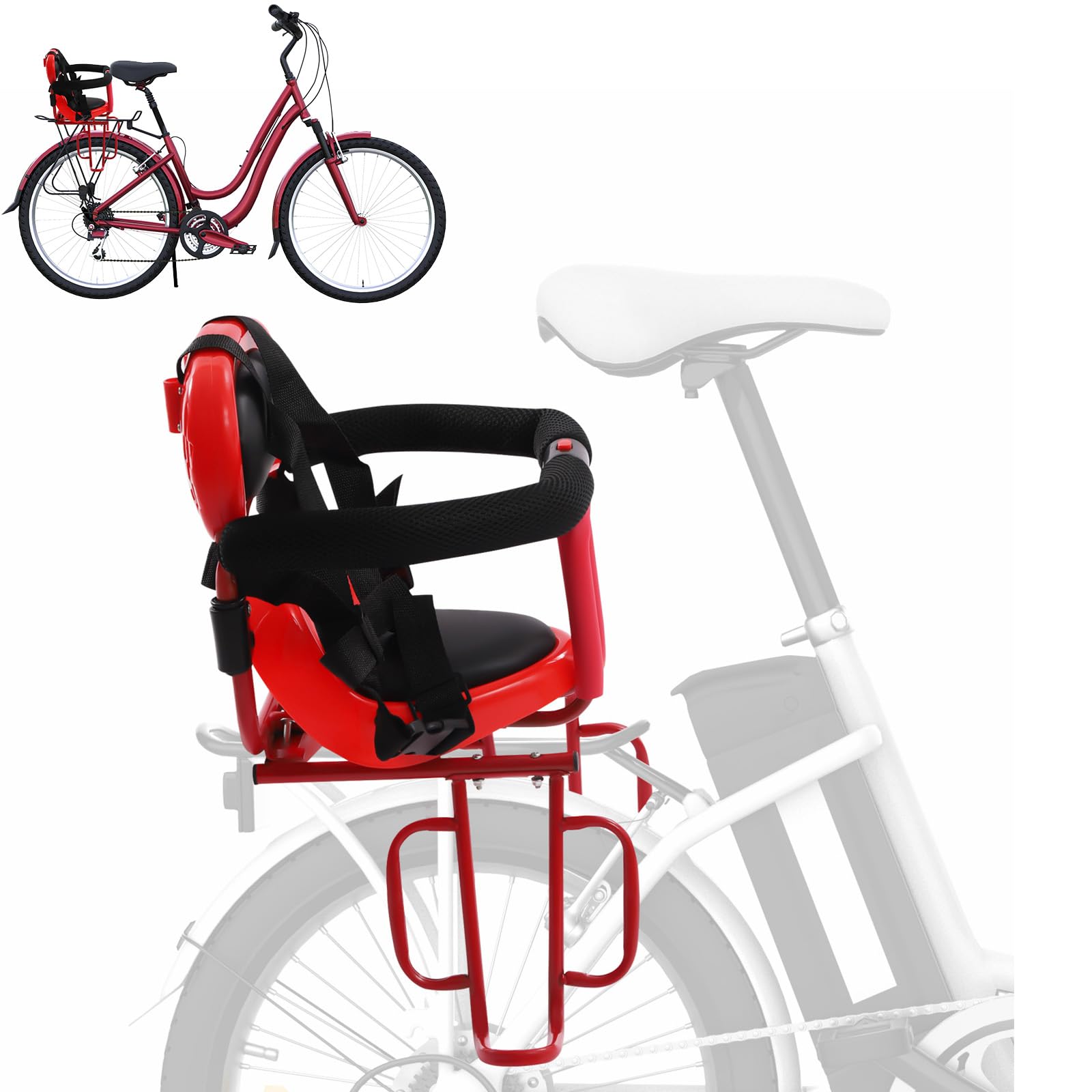 LYNICESHOP Rear Child Bike Seat Attachment, Comfortable & Safe Rear-Mounted Seat with Cushion for Kids Aged 6 Months to 6 Years (RED)