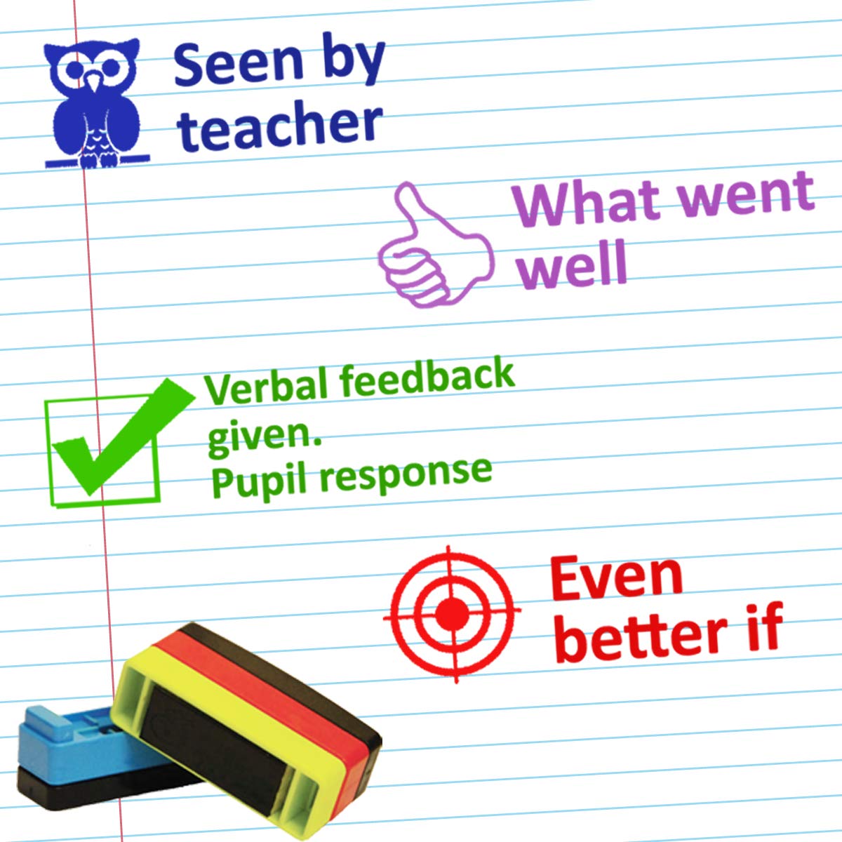 Teacher Feedback 4-in-1 Layer Stamp: WWW, EBI, Verbal Feedback Given/Pupil Response, Seen by Teacher. Self-Inking, Reinkable