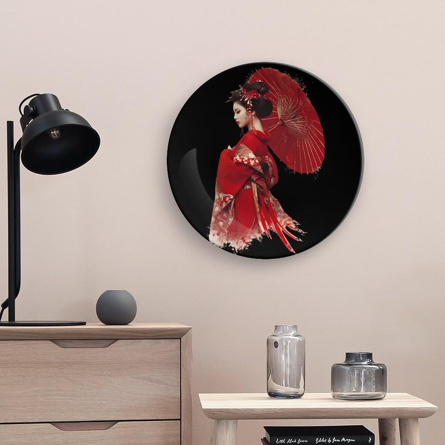 Beautiful Geisha in Kimono Printed Decorative Plate with Display Stand Handmade Ceramic Ornament Hanging Wall Decor for Foyer Home Office