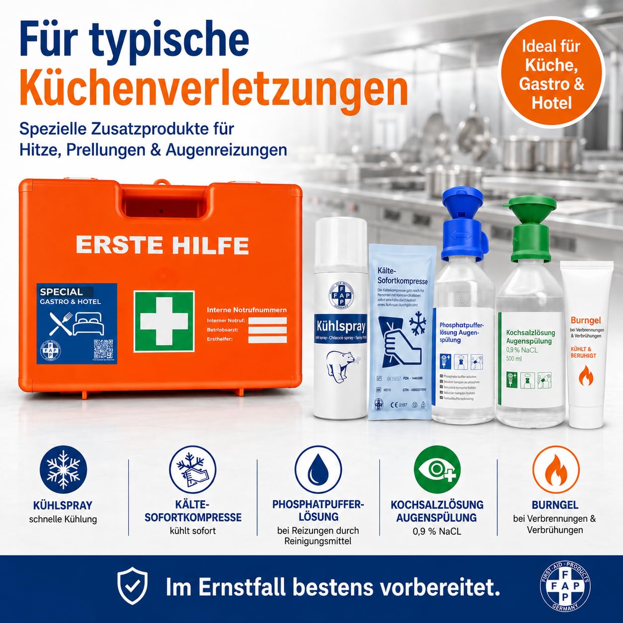 FAP Erste-Hilfe-Koffer Gastronomie Hotel DIN 13157 gefüllt - Orange| Detect-Pflaster HACCP & Burngel | Gastro Küche Restaurant ABS Kunststoff, Betriebsverbandkasten Wandhalterung - 33×42×15 cm