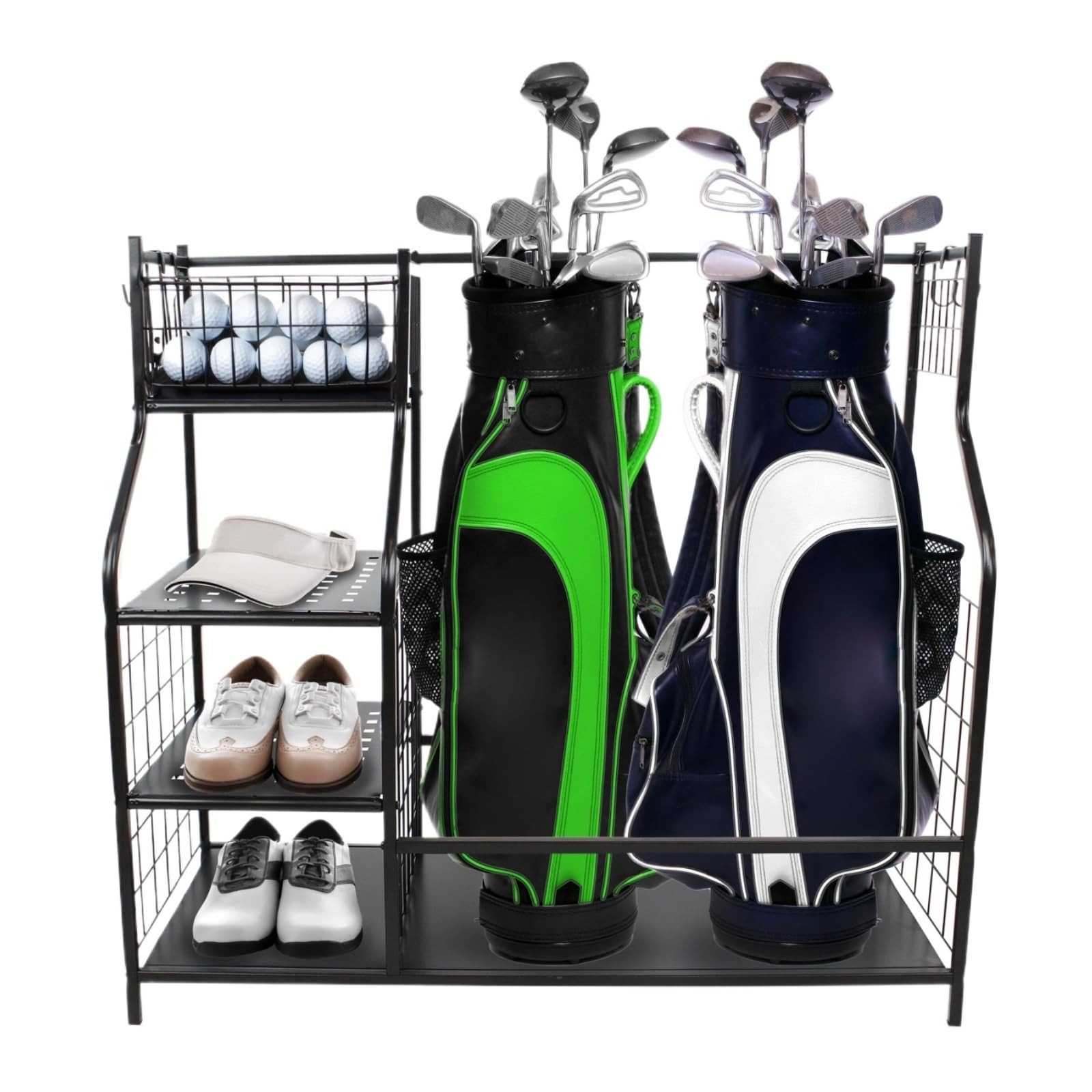 Jxyq Black Double Golf Bag Storage Rack With Golf Club Holder And Accessories Organizer Shelves