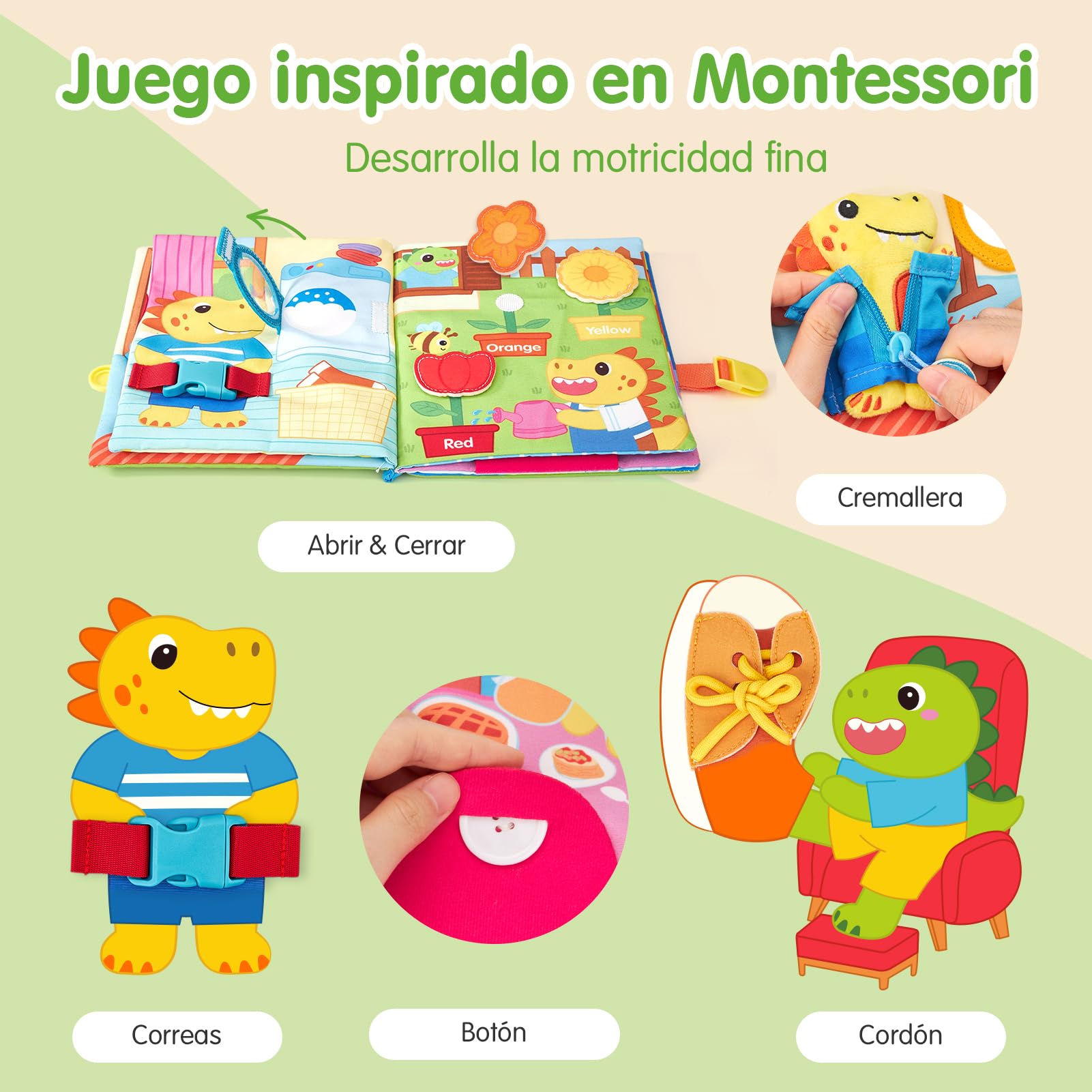 hahaland Libro Montessori 1 año Busy Book - Libro Actividad de Tela Blando, Dinosaurio Interactivo Juguetes Montessori para Bebes 6-12 meses Regalo Educativo 1-3 años
