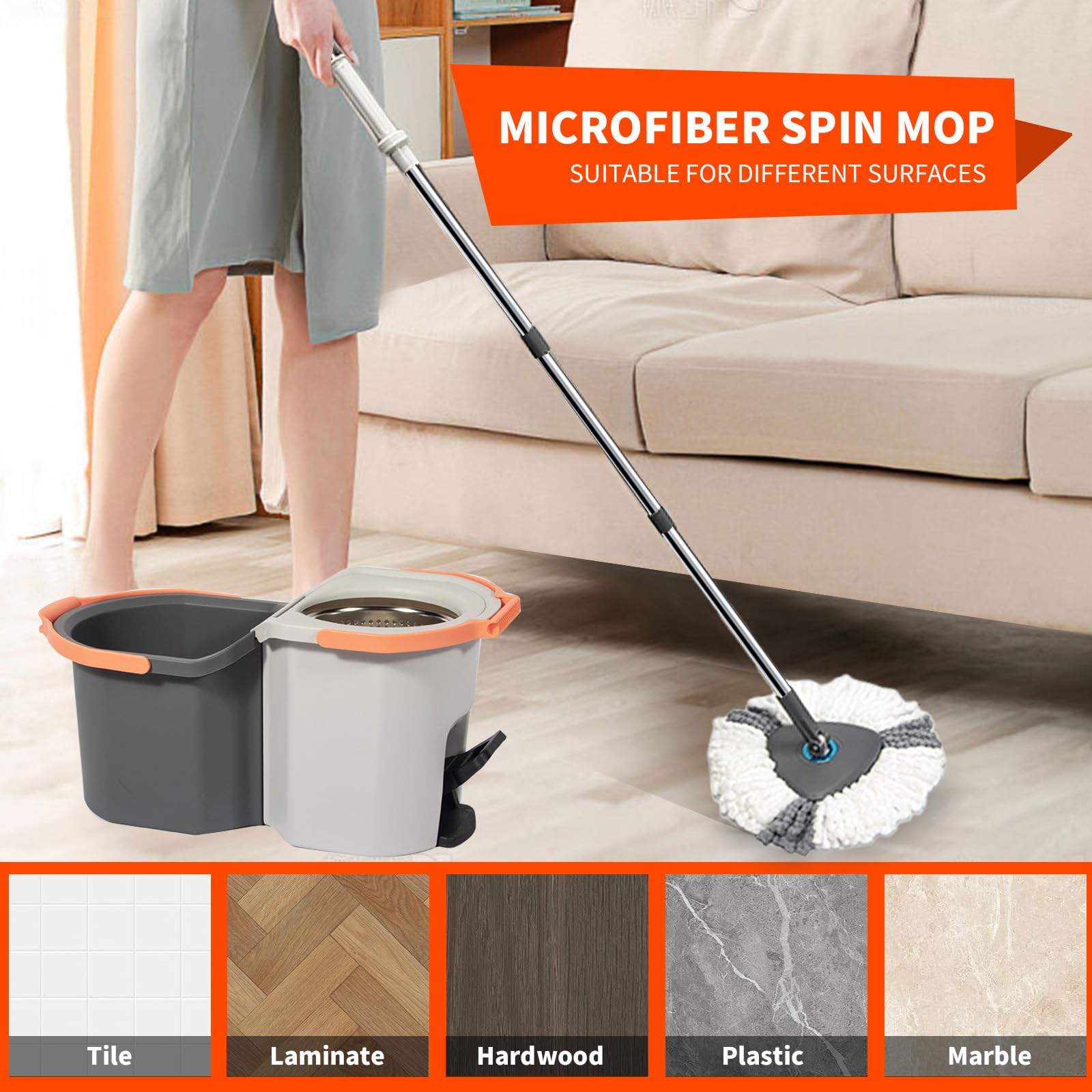 Wischmopp Set mit Eimer und Fußpedal, Bodenwischer mit geteiltem 2-Kammern-Putzeimer, Auswringfunktion & Edelstahlstiel, inkl. 3 Mikrofaser-Pads, Komplettset für Laminat & Fliesen (Hellgrau)
