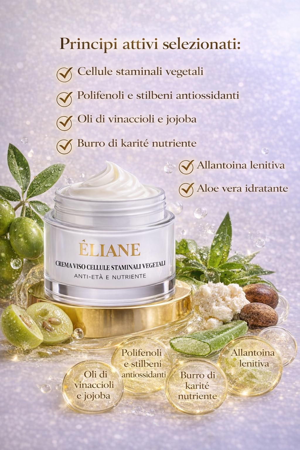 Crema Viso Cellule Staminali d'Uva Éliane: Trattamento Intensivo Anti-Rughe e Rivitalizzante - Texture Setosa con Aloe Vera e Burro di Karité - Effetto Glow Naturale