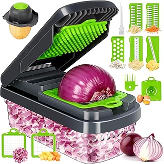 Yusshn Vegetable Chopper,12-in-1 Multifunctional Food Chopper,Professional Onion Chopper with 7 Blades,Vegetable Cutter with Container for Salad,Potato,Carrot,and Garlic; Essential Kitchen Tool(Grey)
