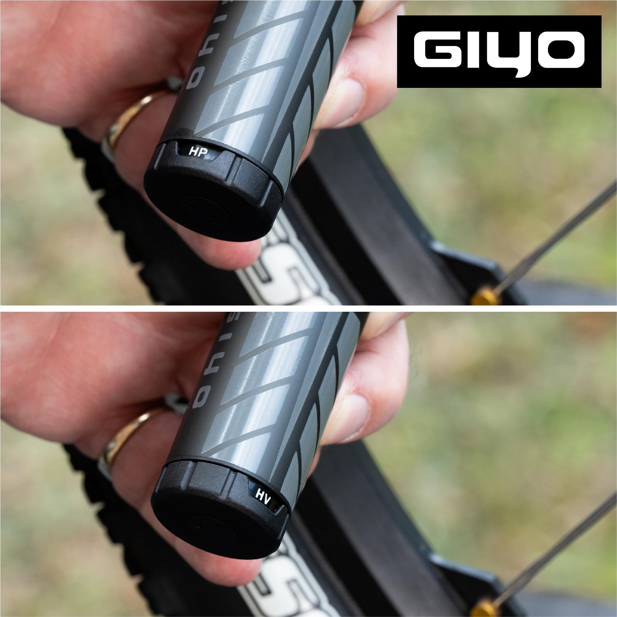 GIYO GM-45CT Mini pompka rowerowa, 2-stopniowa o dużej objętości (80cc) / wysokociśnieniowa aluminiowa pompka (7 bar) do rowerów górskich, sprytny podwójny wentyl (Presta/Schrader/Dunlop), wielkości