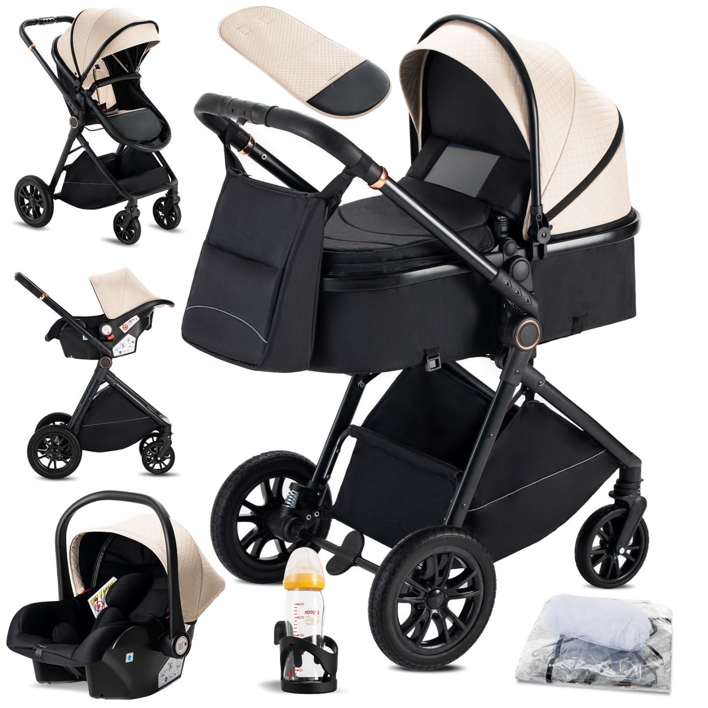 Carrito bebé 3 en 1, 0-3 años, Máx. 22 kg, Cochecito para Bebé 3 Piezas con Estructura Metálica Ligera, Compacto y Reclinable Silla de Paseo, con i-Size Silla Coche Bebe, Beige