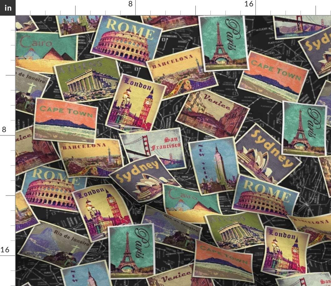 Spoonflower Fabric - World Retro Postcard Travel Vintage Trip Printed on Petal Signature Cotton Fabric by The Yard - Sewing Quilting Apparel Crafts Decor