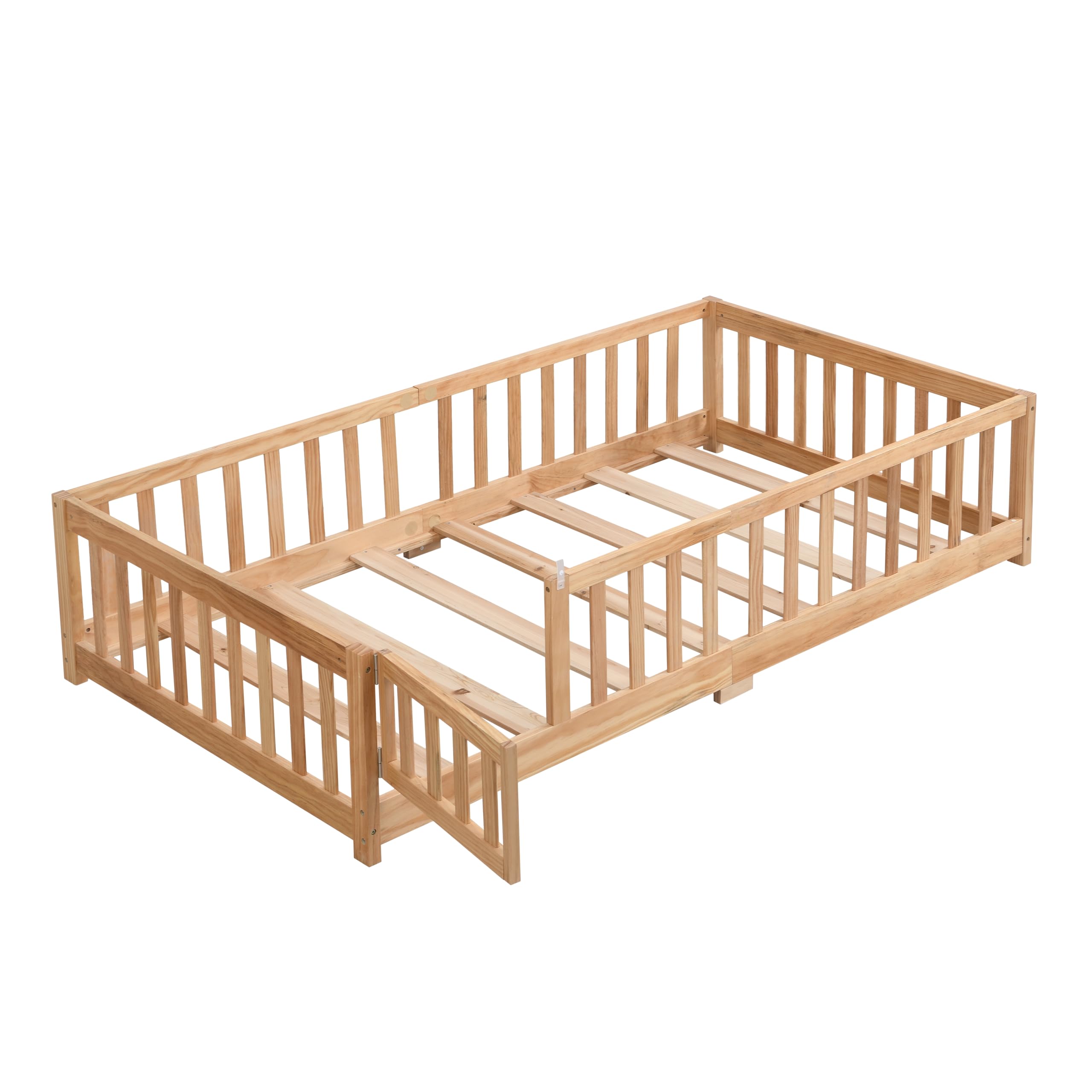 KEIKI Full Size Floor Bed with Fence, Solid Wood Platform Bed Frame, Montessori Floor Bed with Slats and Safety Guardrails