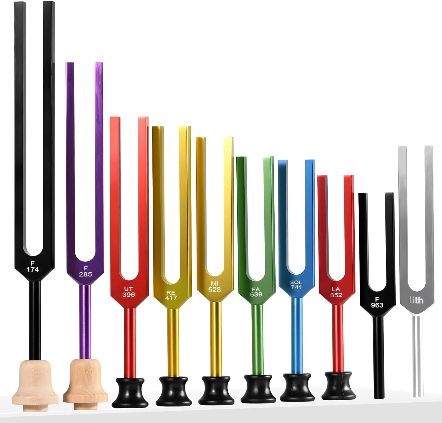 10PCS Colorful Solfeggio Tuning Fork Set, Sound Healing Tuning Fork Set for Sound Therapy Yoga Meditation Relaxation with Hammer Case Rubber & Wooden Base