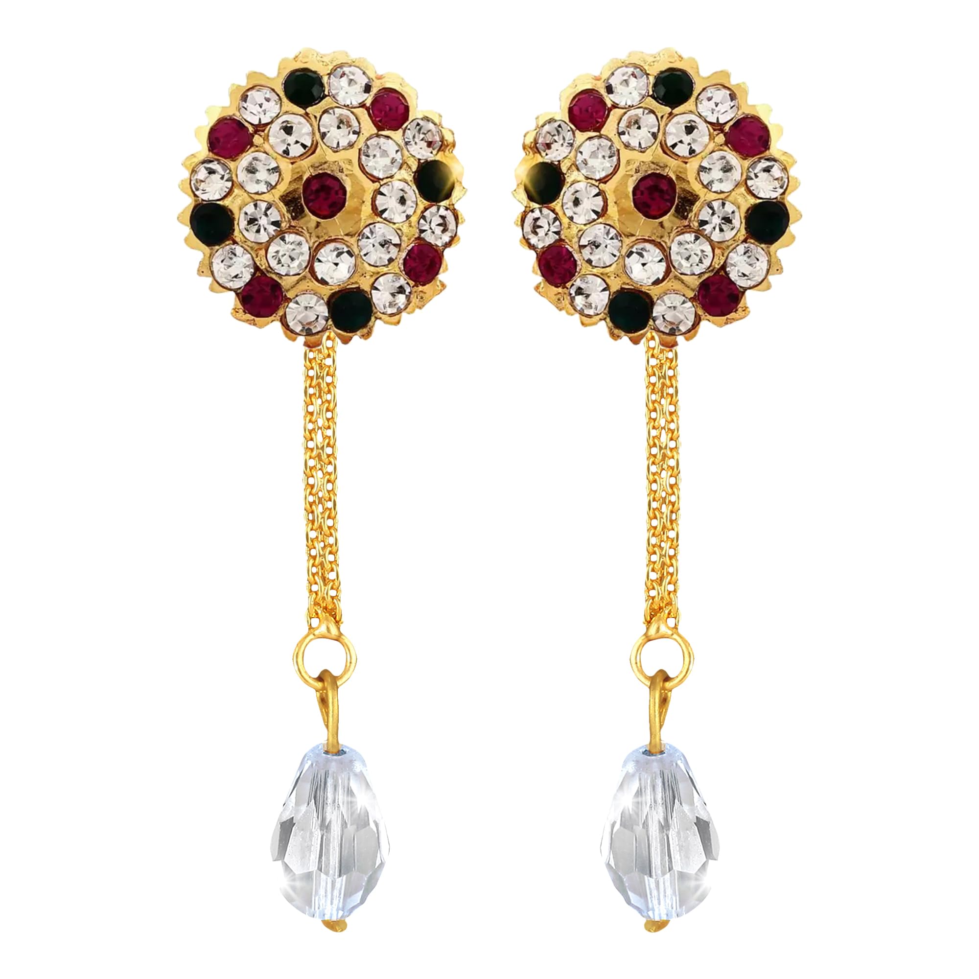 Vivastri's Cz Stone Studded Premium 2 In One Removable Stud & Drop Combo Earring -(1 Pair Stud,1 Pair Crystal Chain)-VIVA2411-1135ERG-image-6