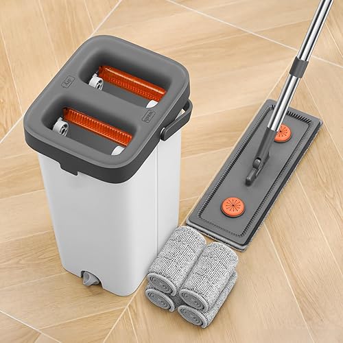 MOPALL Juego de trapeador y cubo con escurridor para el hogar, juego de trapeador plano manos libres y cubo para limpieza de suelos y limpiador de