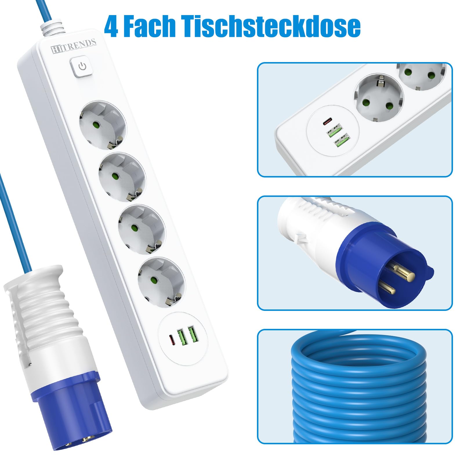 Multiprise CEE 4 prises avec fiche 3 broches - 10 A 220 V 2500 W - Câble de camping de 5 m (3 x 1,5 mm², câble flexible bleu) - Coupleur de contact de protection pour camping, caravane, tente - Blanc