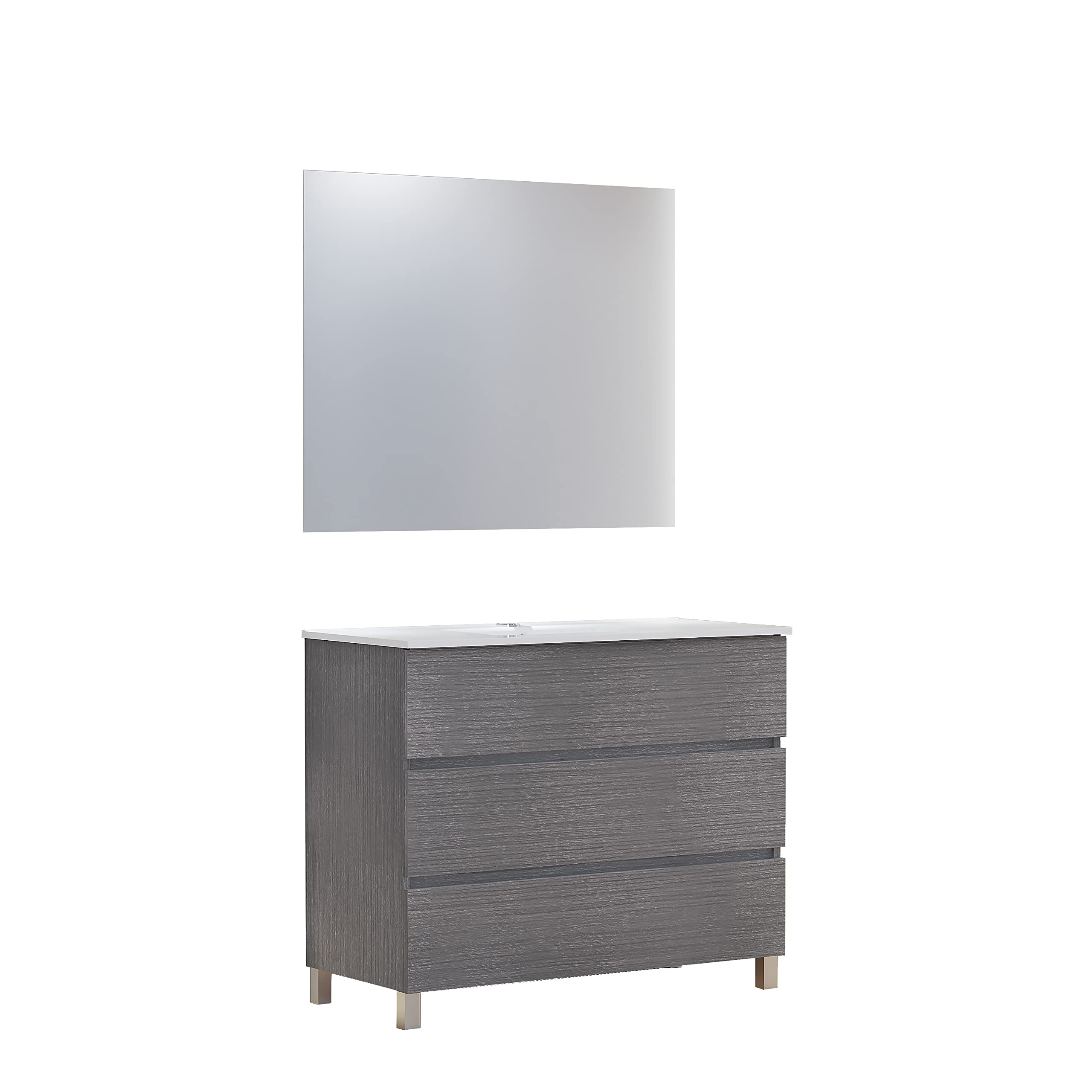 Baikal Conjunto de Mueble de Baño Neo con Espejo Luna Lisa, Tres Cajones o Dos Puertas, Mueble con Patas. Varios Acabados y Medidas. Melamina 16mm. Mueble MONTADO. 3c 100 Ceniza