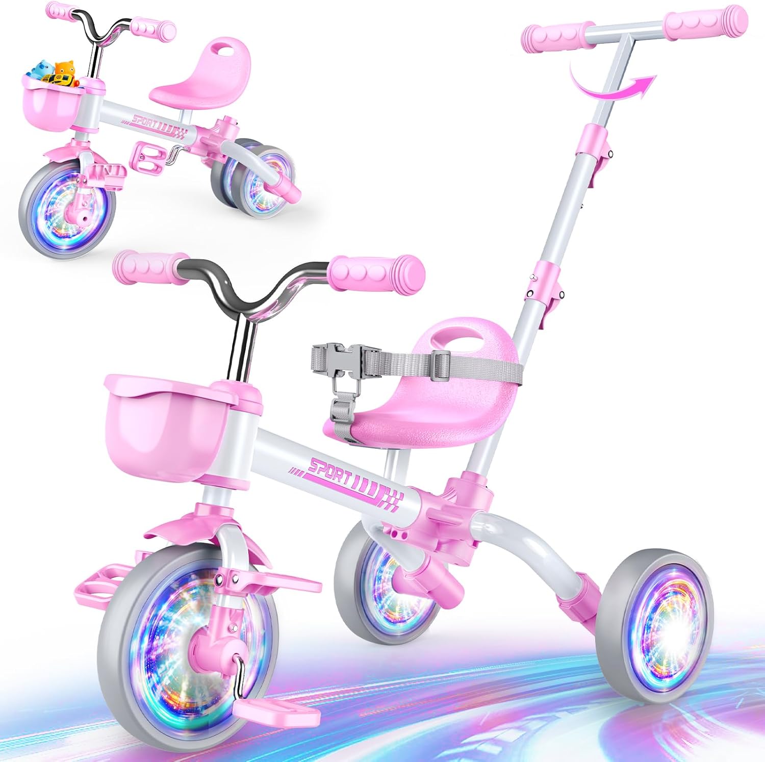 5 in 1 Toddler Bike for 1-5 Year Old, Tricycle with Push Handle, Convertible Baby Balance Bike, Bicycle, Color Light Wheel & Detachable Pedal, 4-Position Seat, Boys Girls Birthday Gift, Toy