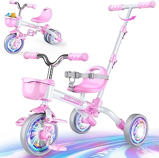 Kkdi 5 in 1 Toddler Bike for 1-5 Year Old, Tricycle with Push Handle, Convertible Baby Balance Bike, Bicycle, Color Light Wheel & Detachable Pedal, 4-Position Seat, Toddler Girl Birthday Gift, Toy