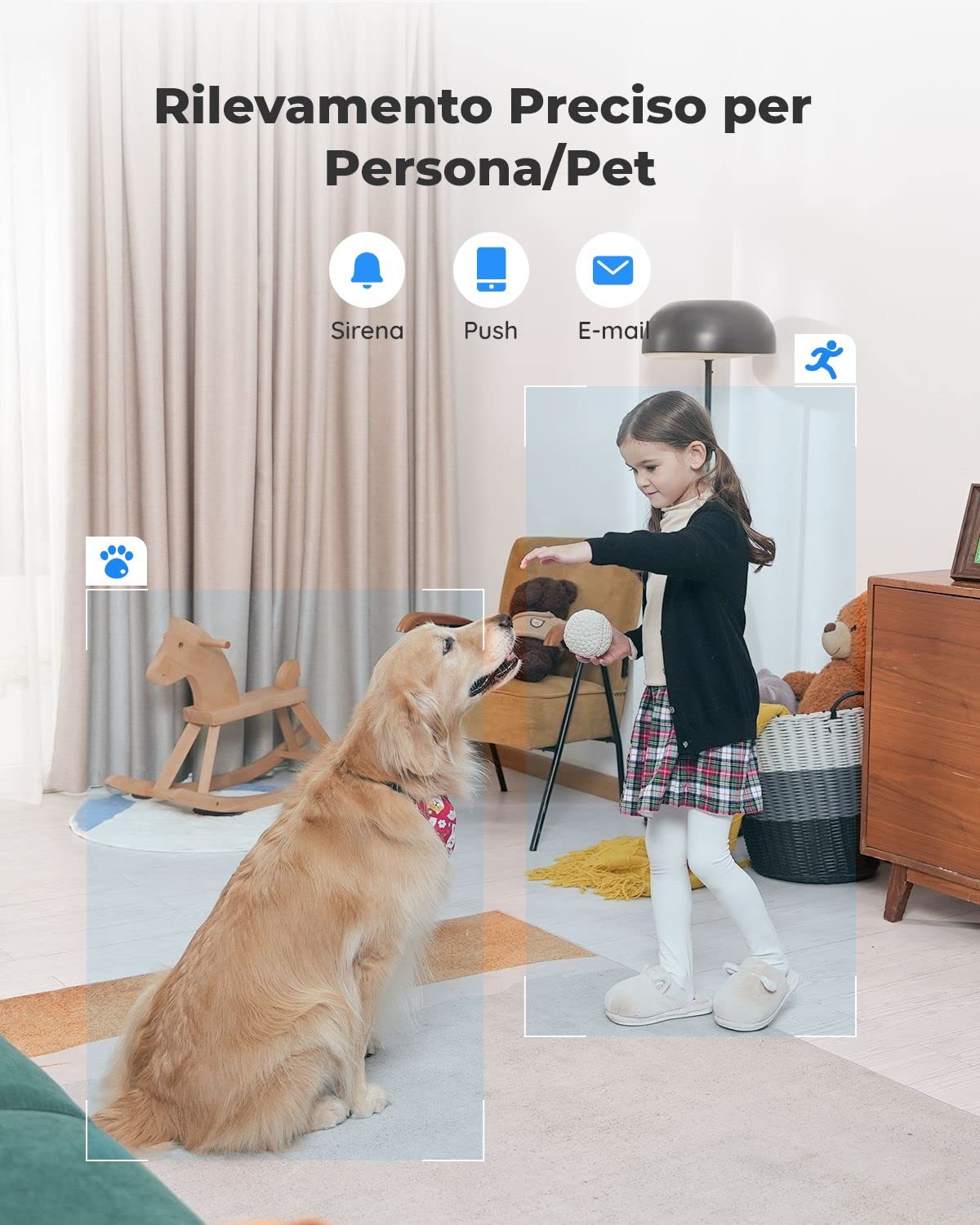 Reolink 5MP PTZ Telecamera WiFi Interno con Zoom Ottico 3x, Auto-tracking | Baby Monitor, Rilevazione di Persone/Pet, Videocamera Sorveglianza WiFi 2,4/5GHz, Sirena, Audio Bidirezionale, Cloud, E1 Zoom