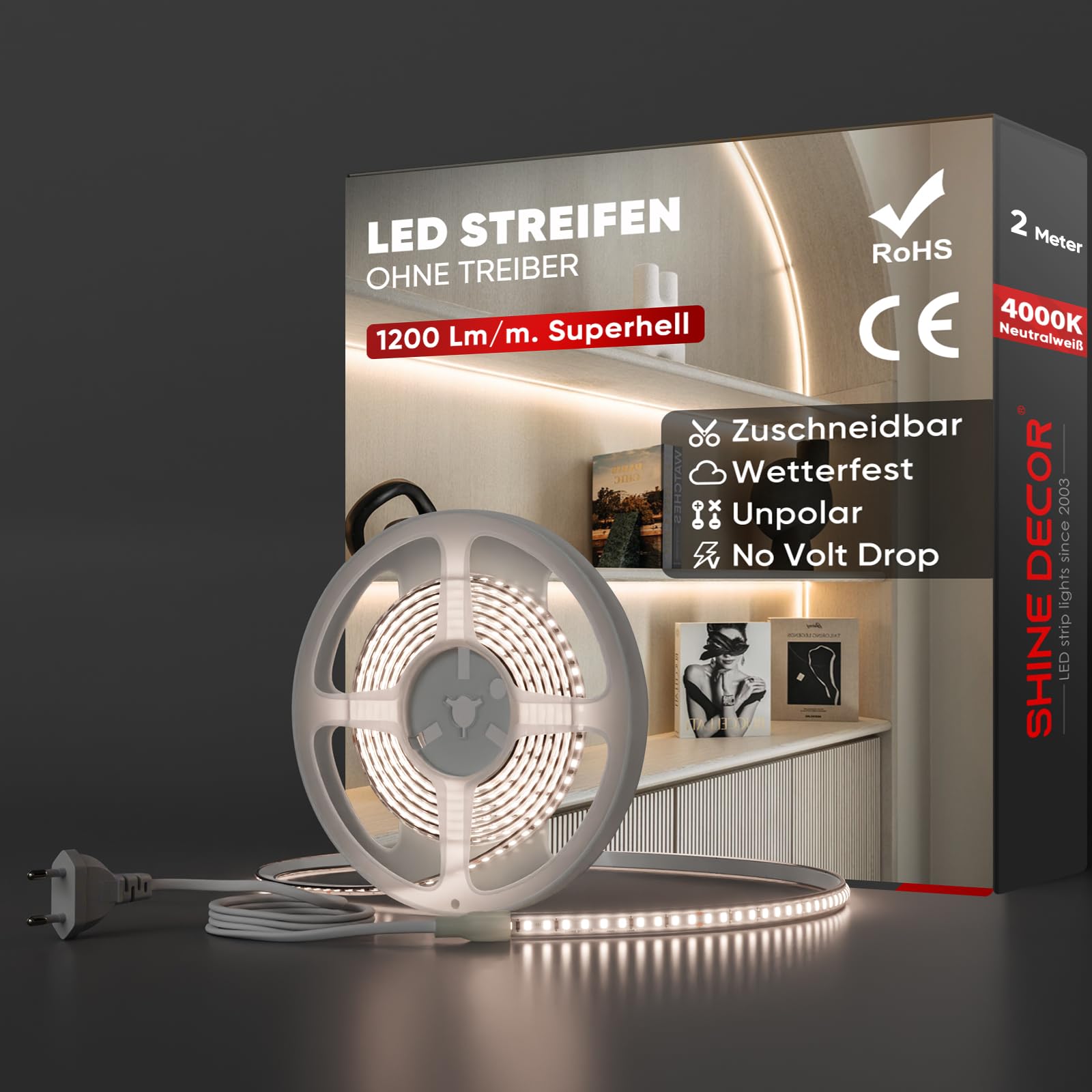 Shine Decor LED Streifen, AC 220V 230V IP65 Wasserdicht LED Band, SMD 2835 120 leds/m Ultrahohe Helligkeit Lichtleiste für Home Decoration Küche Garten LED Beleuchtung