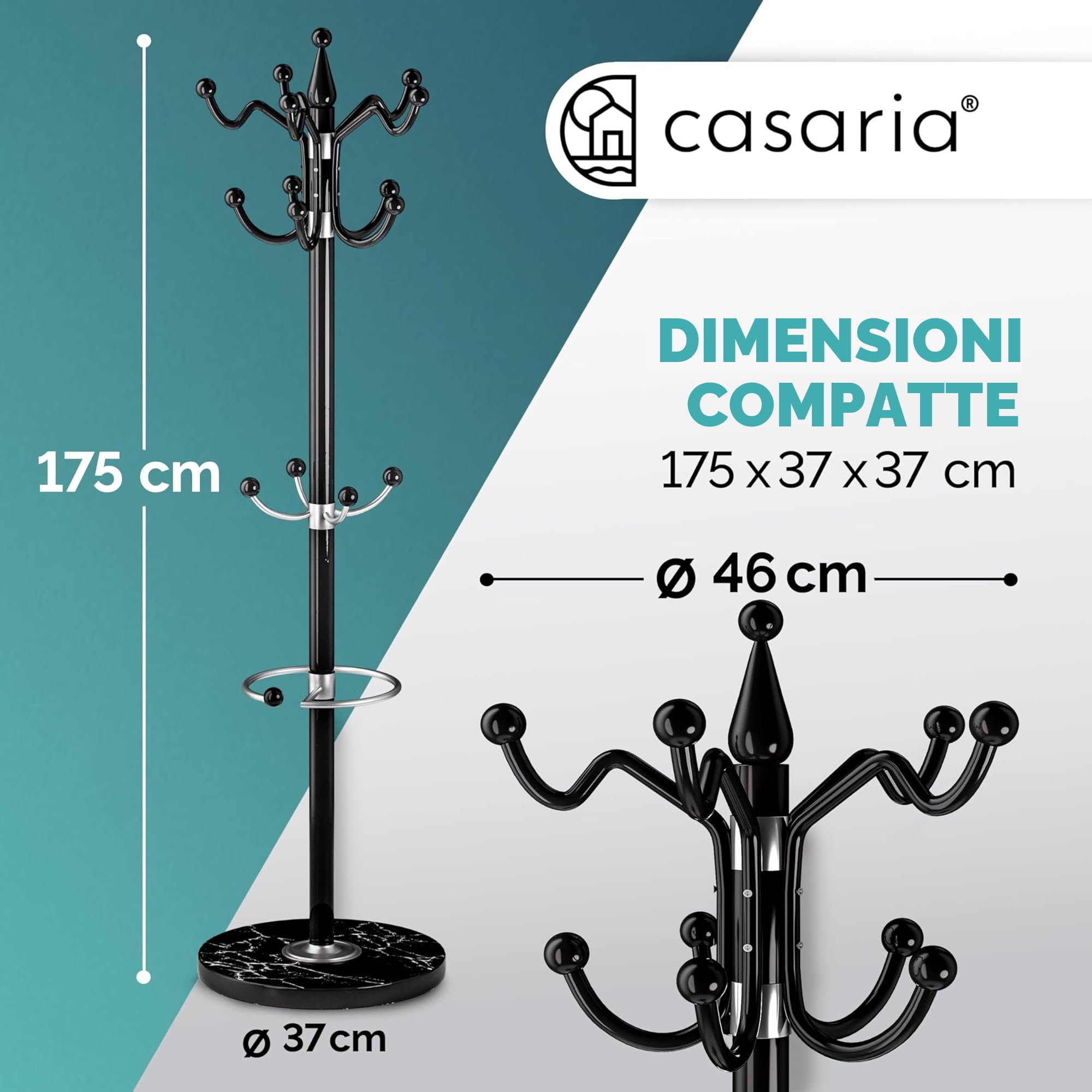 Casaria® Appendiabiti in Metallo con Base 14 Ganci Ruotabil 360° 37x37x175cm Corridoio Ufficio Attaccapanni Nero