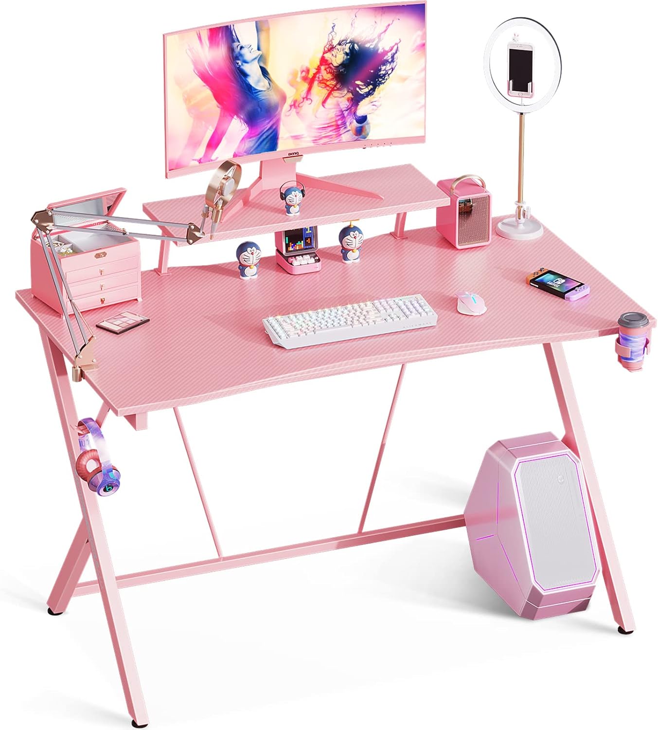 MOTPK Pink Gaming Desk 47" with Monitor Shelf Computer Desk Gaming