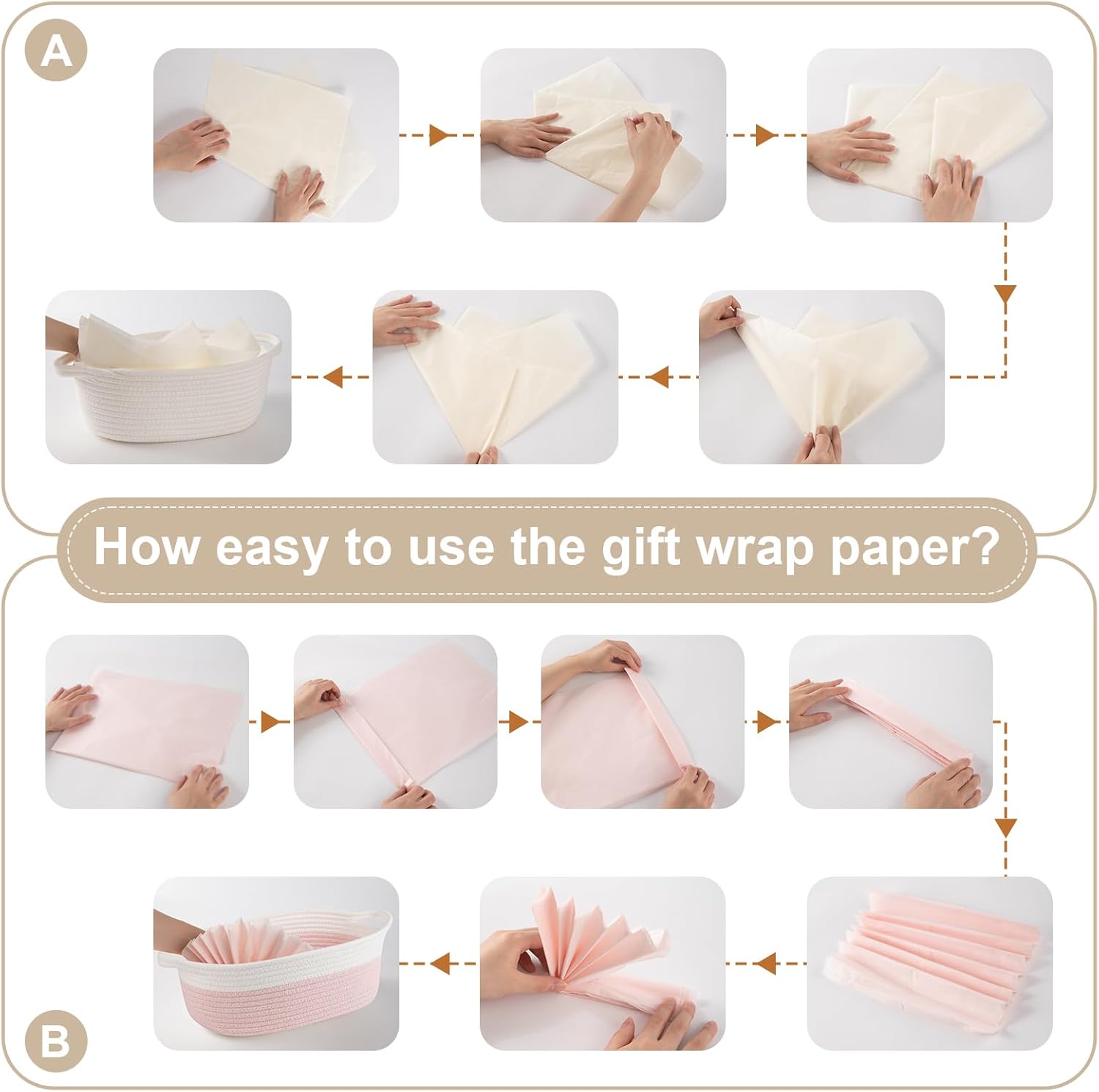 OIAHOMY Gift Basket Empty with Handle, 12"x 8"x 5" Small Woven Basket with Gift Bag, Ribbon and Wrap Tissue Paper, Dog Toy Storage for Organizing - Pink & White - Image 6