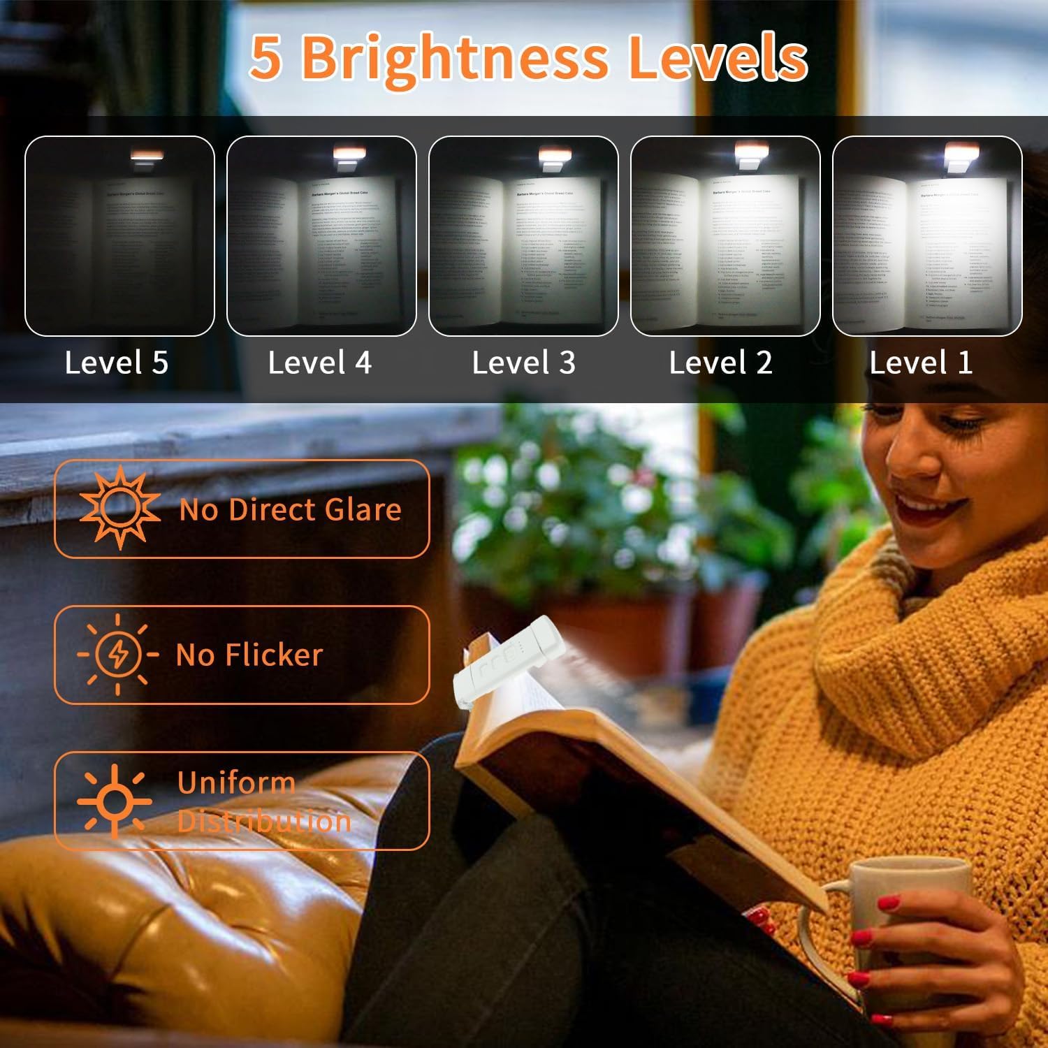 QUMOX Lámpara de Lectura LED con Clip – 3 Tonos Ámbar, 5 Niveles de Brillo, Temporizador, Cabezal Ajustable, Recargable por USB – Luz de Lectura para Libros, Cama, Viaje (Blanco)