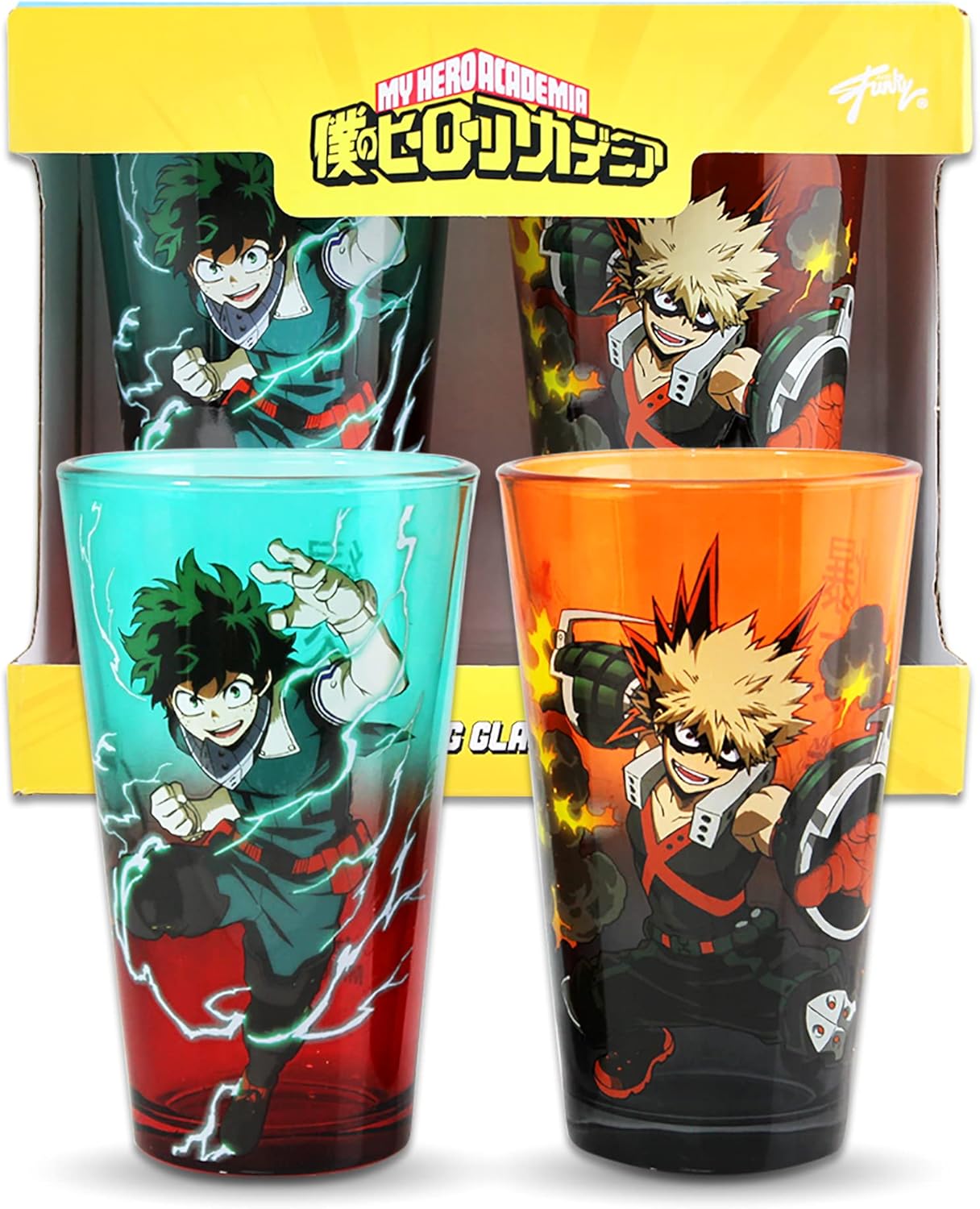 JUST FUNKY My Hero Academia Deku & Bakugo Drinking Glass set of 2 | 16oz Beer Glass Izuku, Kachan, Detroit Smash, One for All | MHA | Kitchen Deco | Official Licensed