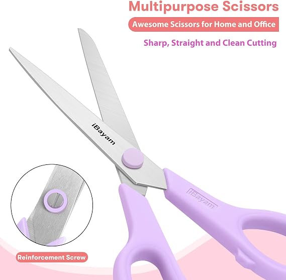 Scissors, iBayam 8 All Purpose Scissors Bulk 3-Pack, Ultra Sharp 2.5mm Thick Blade Shears Comfort-Grip for Aesthetic Fun Cute School Office Teacher Desk Crafts and Art Supplies Accessories Essential