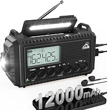 ROCAM Portable Emergency Radio with 12000mAh Battery, Wind up Solar Radio | AM/FM Radio with 5W Flashlight & Reading Light, Solar Panel, 116dB SOS, Phone Charging for Hiking, Power Cuts
