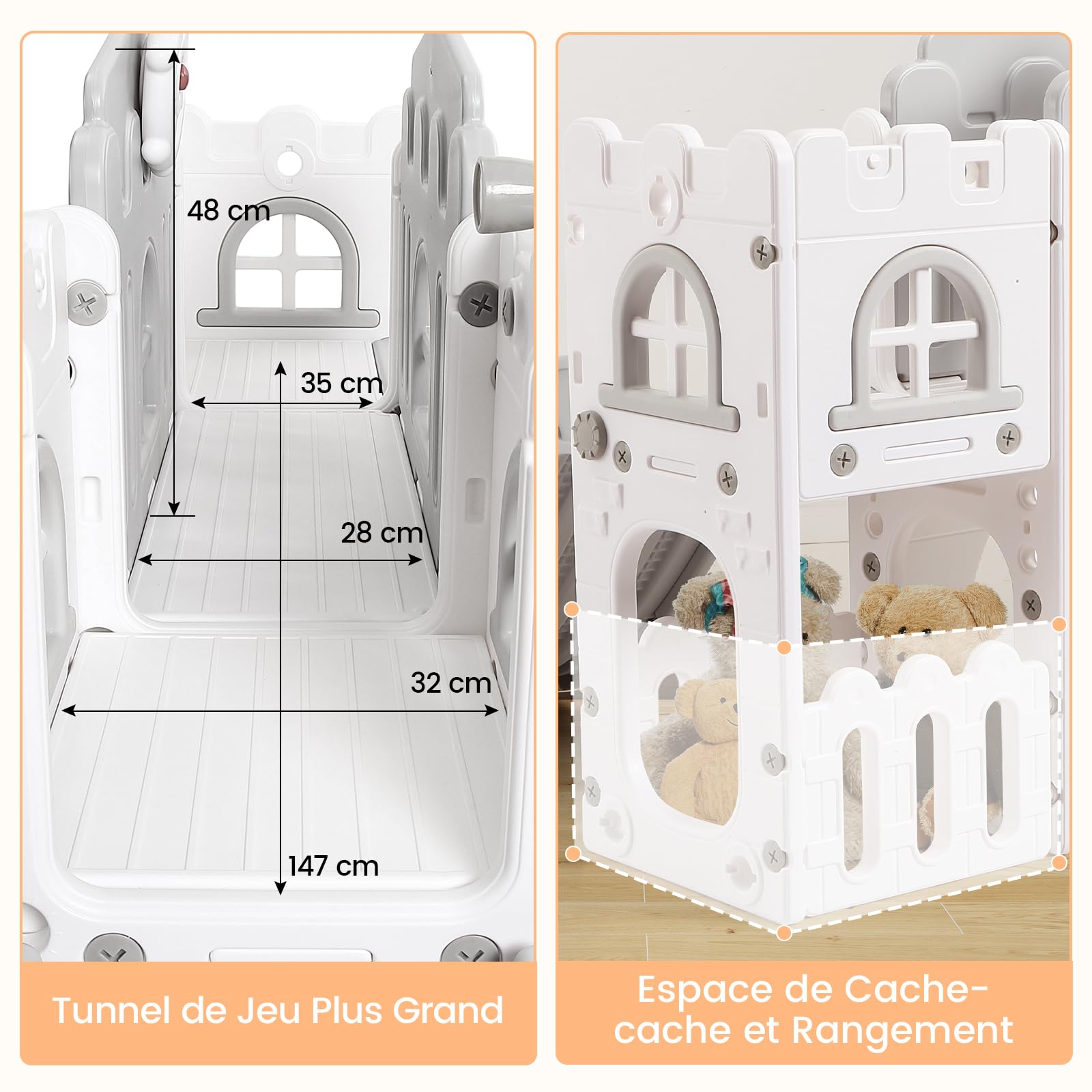 Tobogán Infantil 8 en 1 con Cesta de Baloncesto, Toboganes Infantiles Exteriores y Interiores con Escalera de Escalada, Telescopio y Túnel de Juego, Espacio de Almacenamiento, 1+ (Gris)