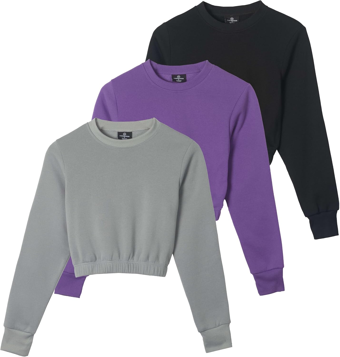 Real Essentials 3 Pack: Women's Fleece Cropped Sweatshirt - Long Sleeve Crew Neck Crop Top (Available in Plus Size)