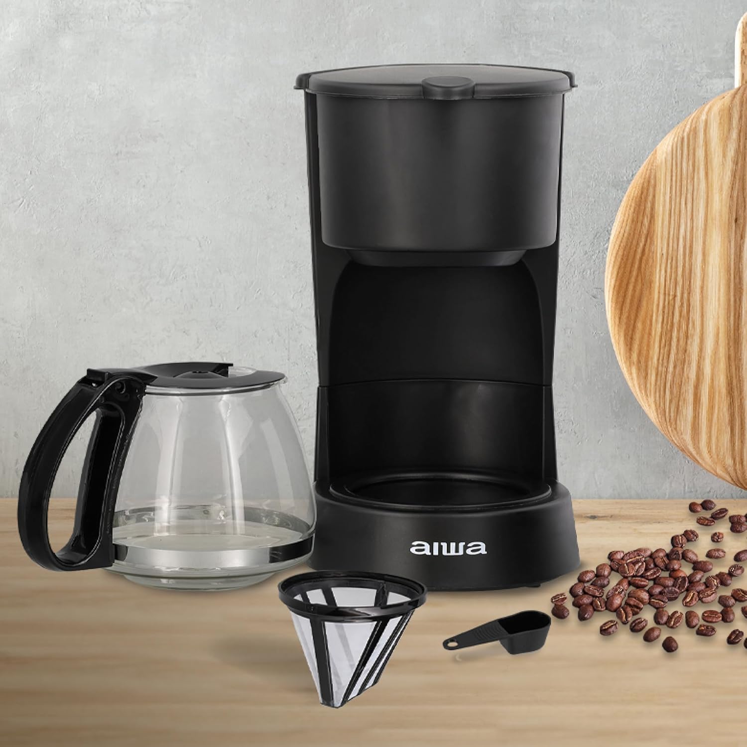 Aiwa Compact Coffee Maker disassembled with filter and scoop