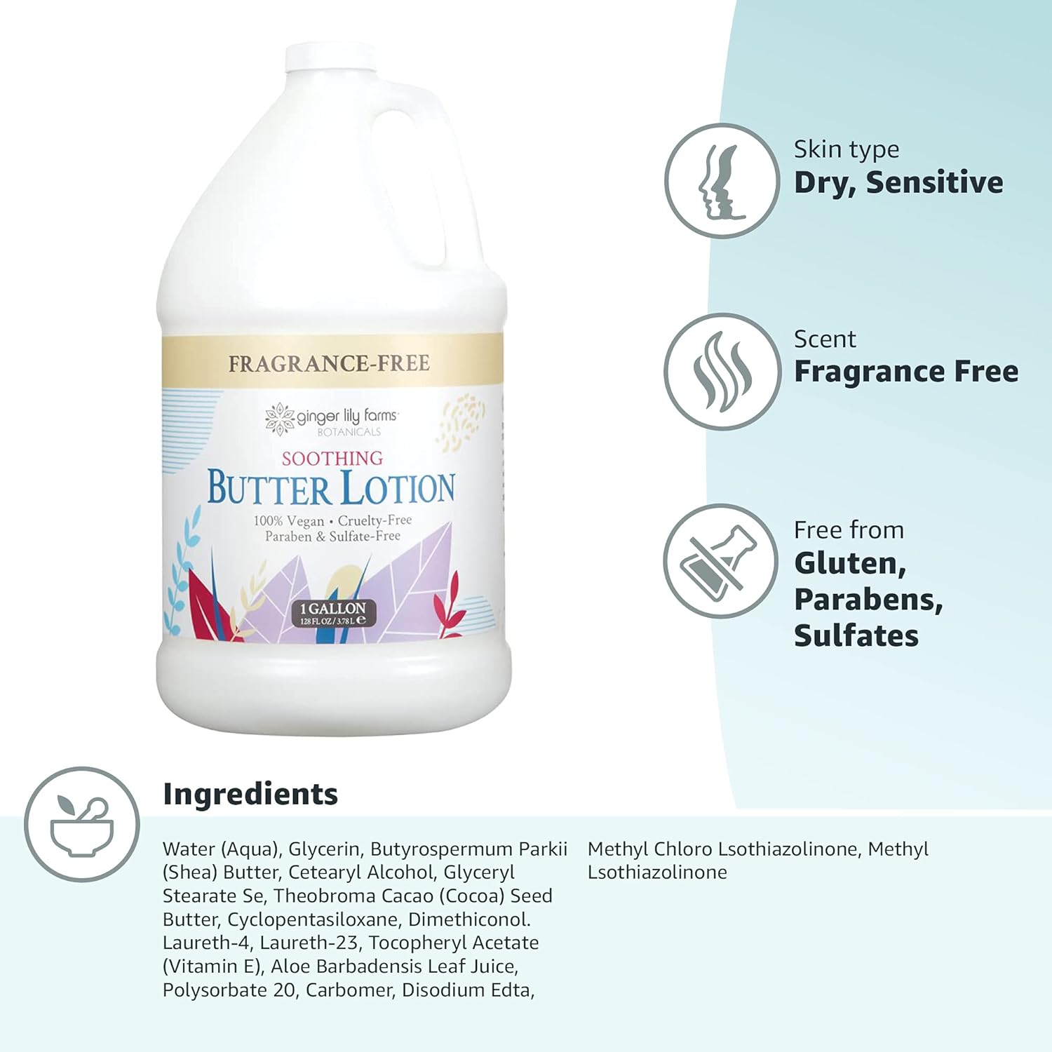 Ginger Lily Farms Botanicals Soothing Butter Lotion, 100% Vegan, Paraben, Sulfate, Phosphate, Gluten & Cruelty-Free, 1 Gallon, Fragrance-Free, 128 Fl.Oz : Everything Else