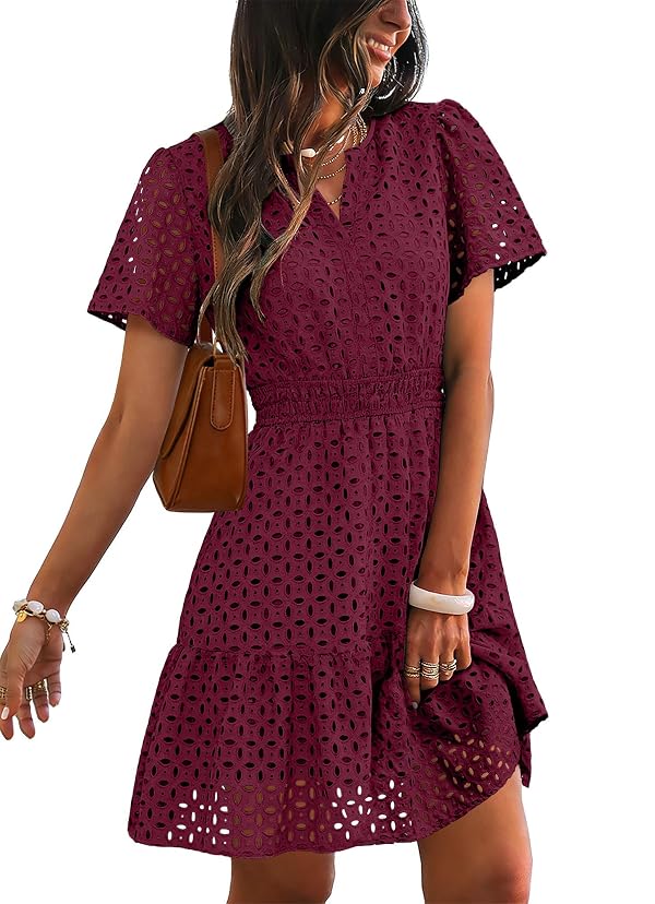 RUMIA Beach Dress for Women Vacation Short Sleeve Hollow Out Summer Dress Wine Red Small by RUMIA - Used condition - Image 3
