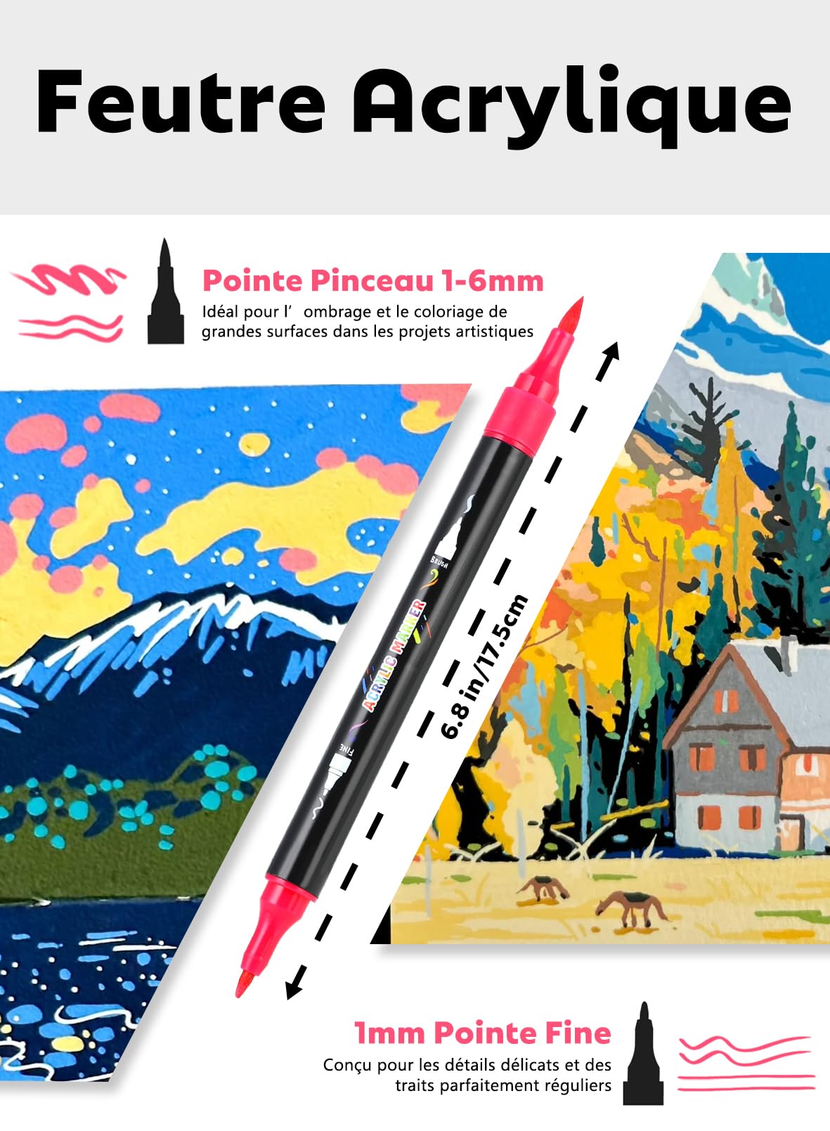 60 Couleurs Feutre Acrylique Double Pointe (Pinceau & Fine)