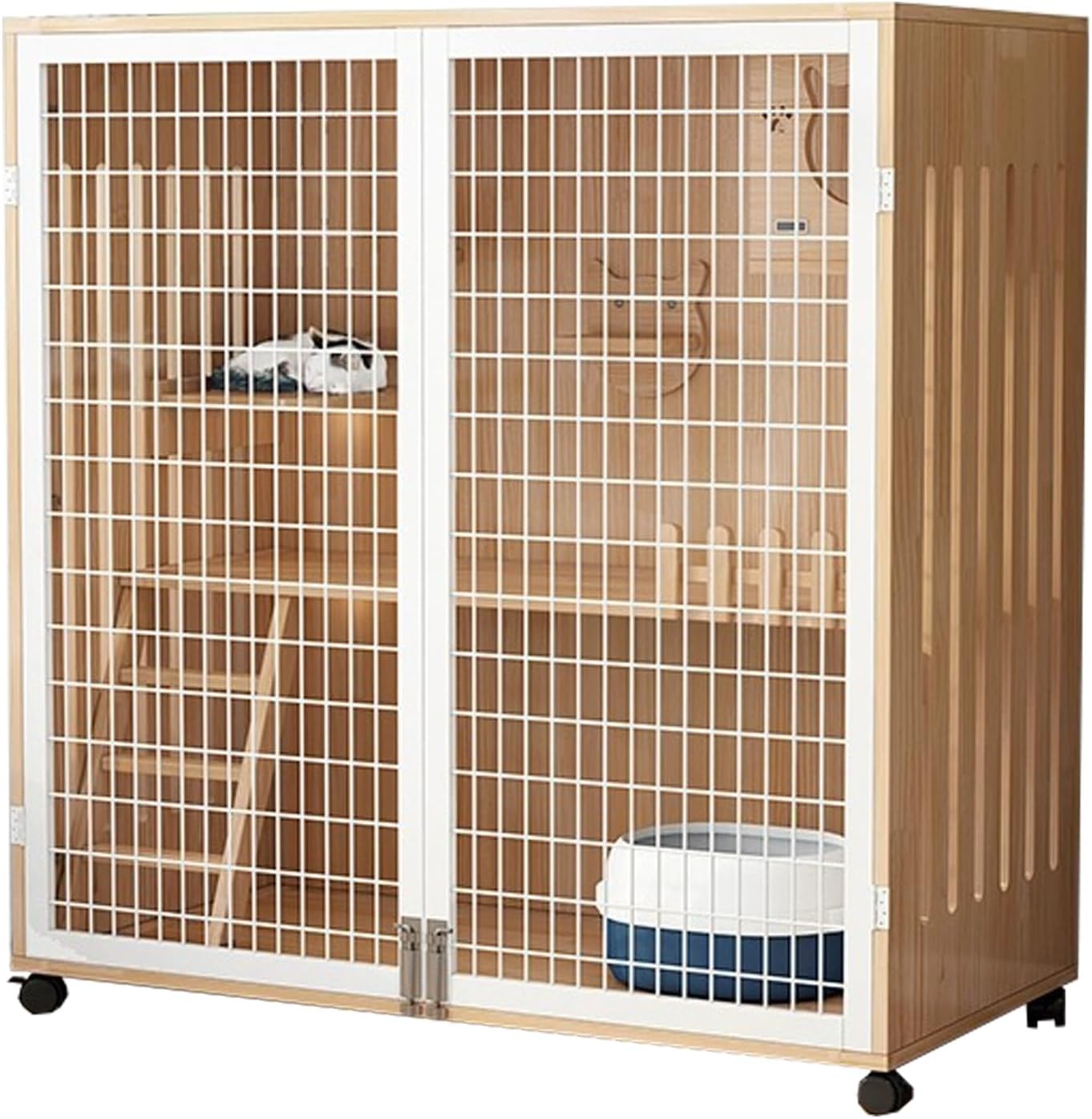 Cat Cage, Thickened solid wood Cat Enclosures, Multi-layer luxury space, Transparent tempered glass, Mesh ventilation and movable pulley, Kattstängsel för 1-3 kattungar(Wood color,47.2x47.2/12