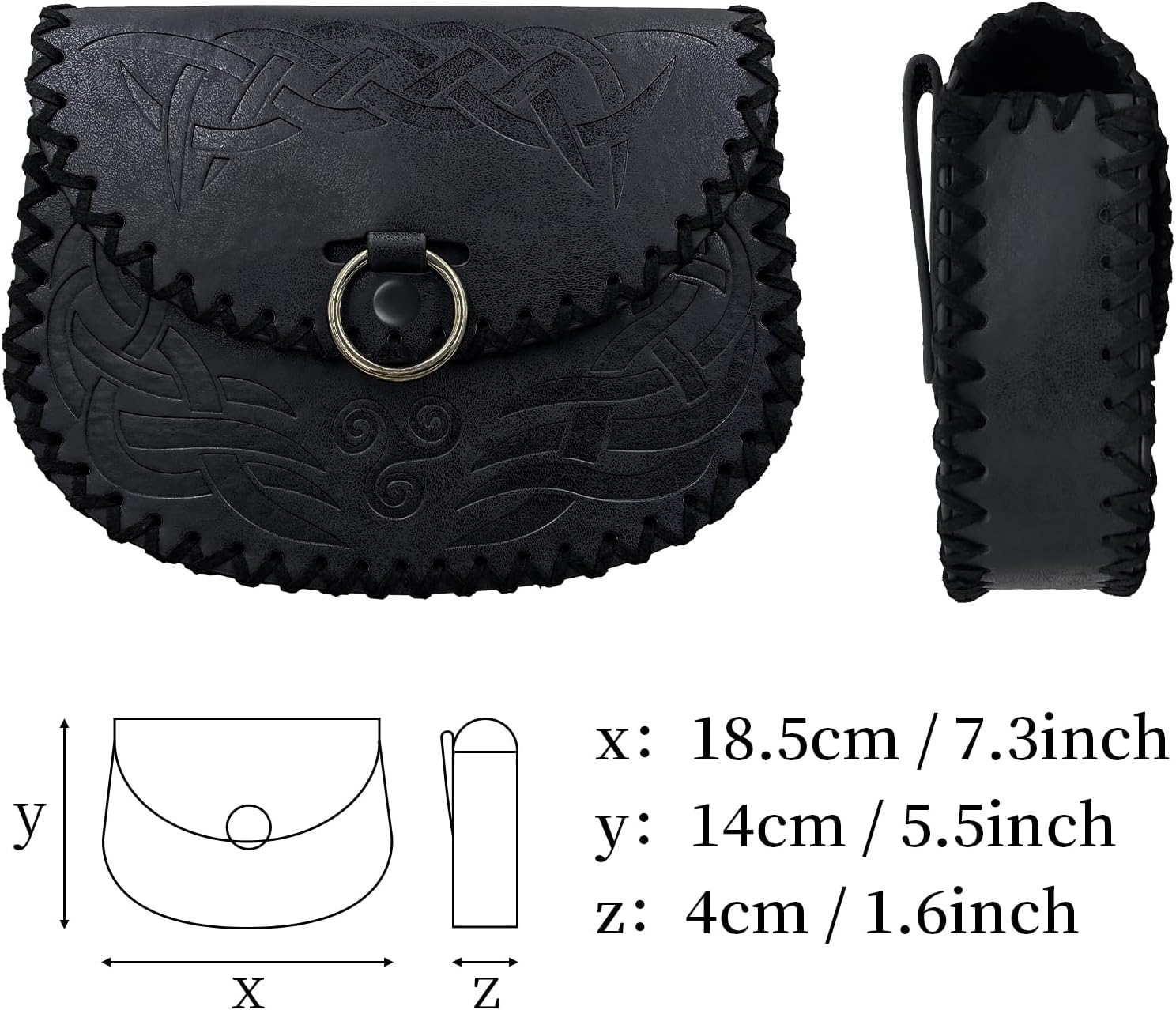 HiiFeuer Viking Embossed Belt Bag, Vintage Medieval Faux Leather Side Pack, Middle Ages Portable Belt Pouch For LARP Ren Faire (Black B) - Image 6