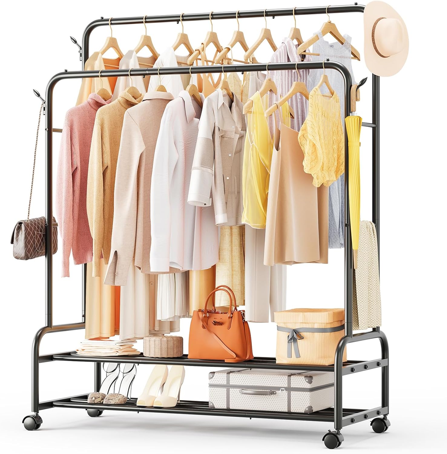 TigerParty Double Rods Clothes Rack for Hanging Clothes, Rolling Clothing Rack with Wheels, Freestanding Garment Racks with 2 Shelves for Bedroom Laundry Living Room