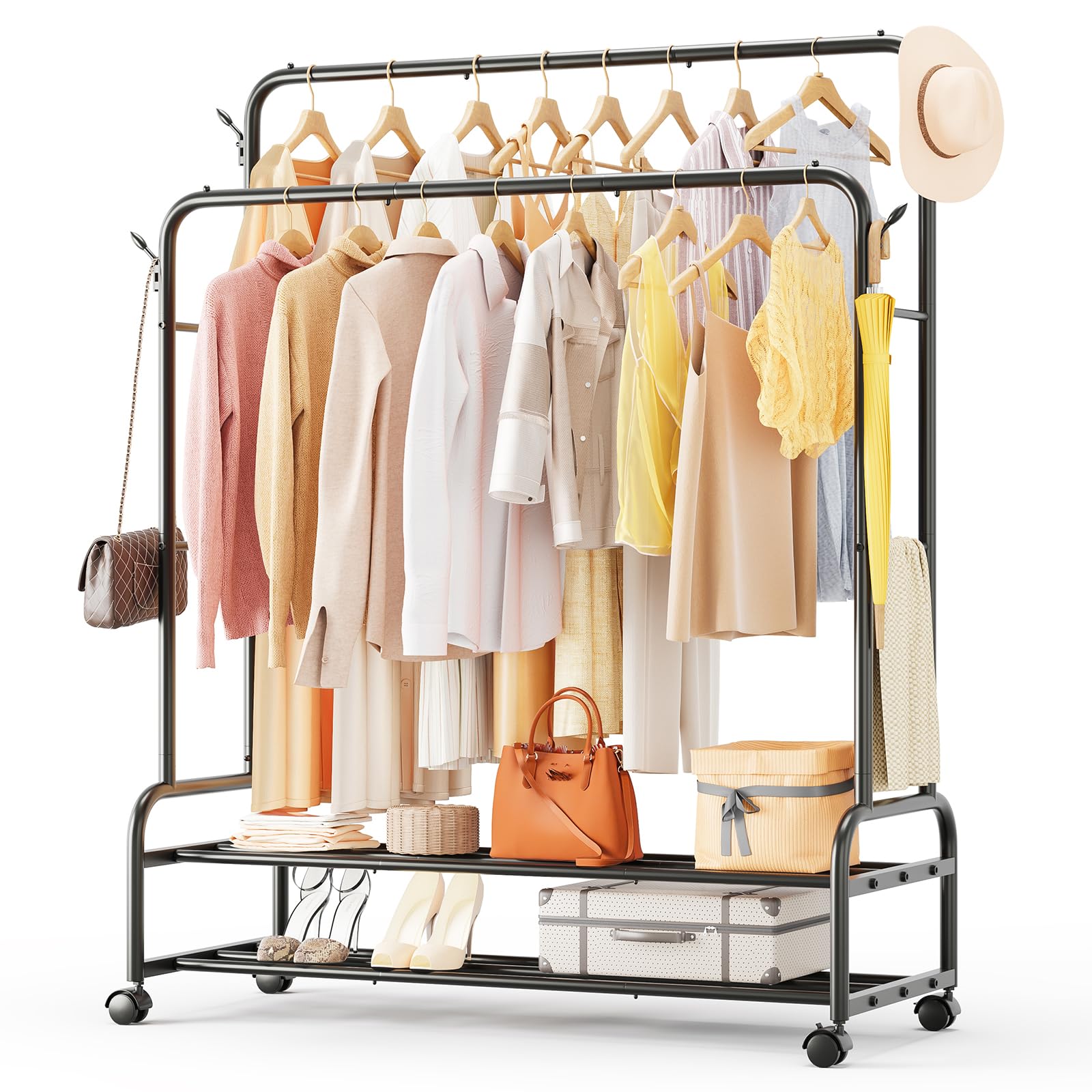 TigerParty Double Rods Clothes Rack for Hanging Clothes Rolling Clothing Rack with Wheels Freestanding Garment Racks with 2