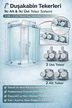 Duşakabin Tekerlek Seti 4 Adet (2 Üst + 2 Alt) 2x2 Sistem Uyumlu Kayar Cam Kapı Ray Tekerleri, Evrensel Yedek Parça, Sessiz Ve Akıcı Kayma Performansı, Paslanmaya Dayanıklı