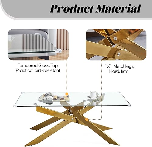 Miniatura 6 de Mesa de centro de cristal, mesa central rectangular moderna con parte superior de vidrio templado y patas de metal dorado, mesas de té para sala de