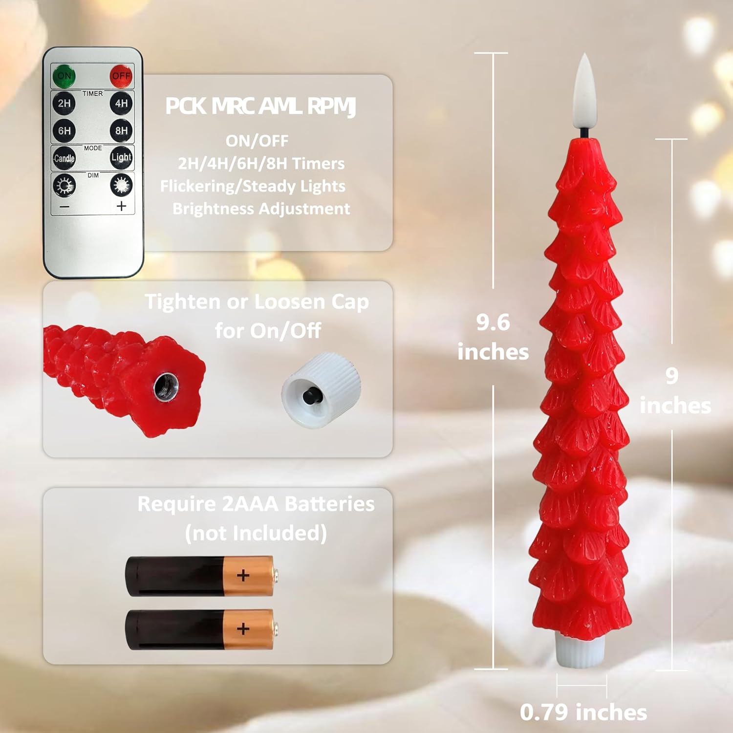 10 in Red Christmas Tree Flameless Candle Window Candles with Remote Timer Battery Operated Taper Candle LED Taper Candles Set of 2