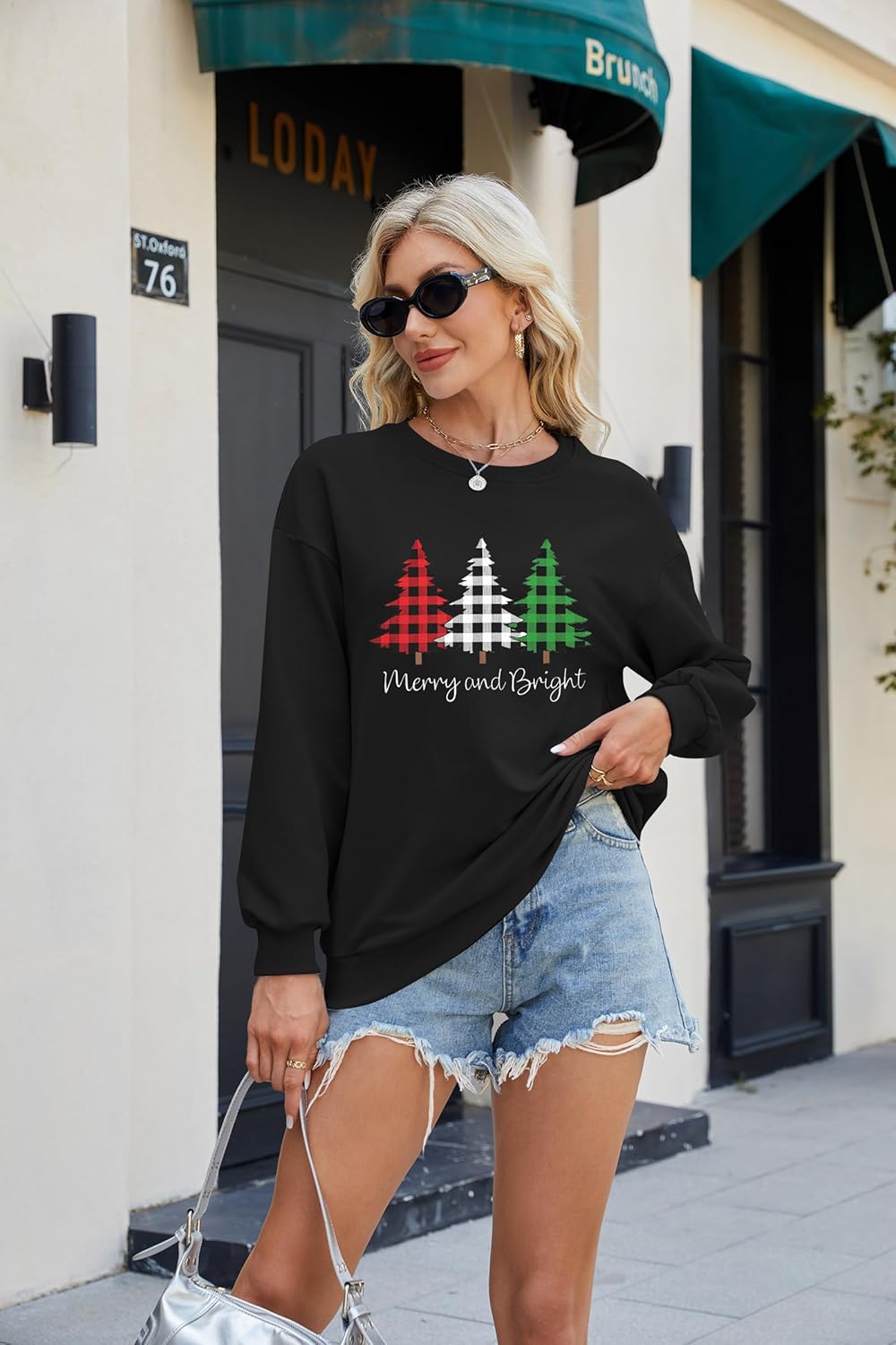 Merry and Bright Sweatshirts Women Funny Leopard Printed Plaid Christmas Trees Long Sleeve Shirt Xmas Graphic Pullover Tops - Image 4