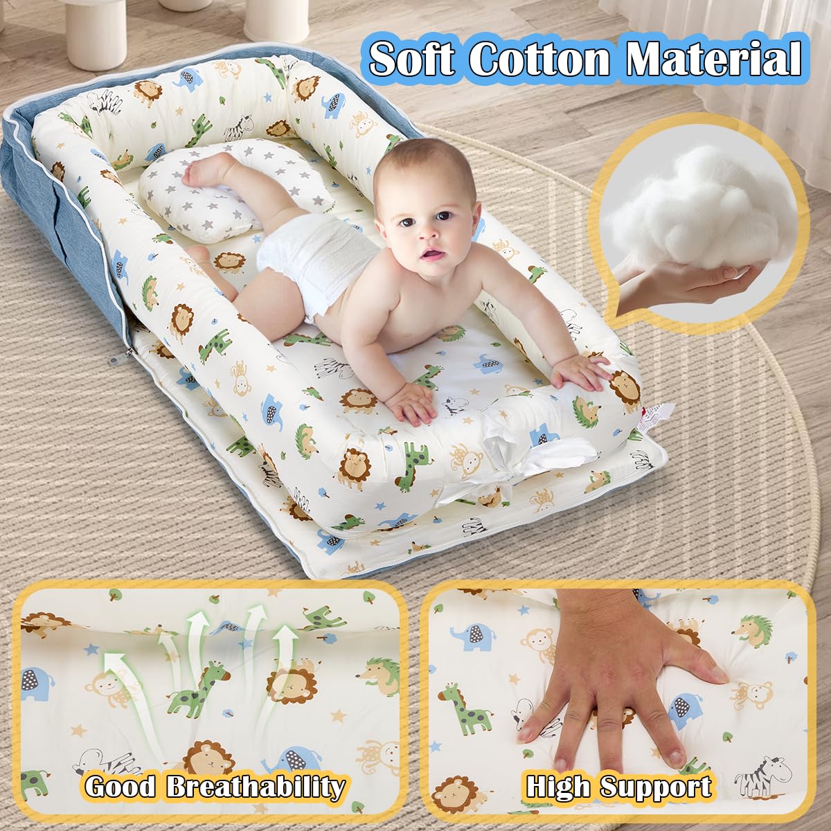 Huggynest Baby Lounger, Baby Nest for Newborn, Portable Breathable Infant Lounger Pillow Adjustable U-Shaped Safety Bumper for Cozy Comfort - Animal World Blue