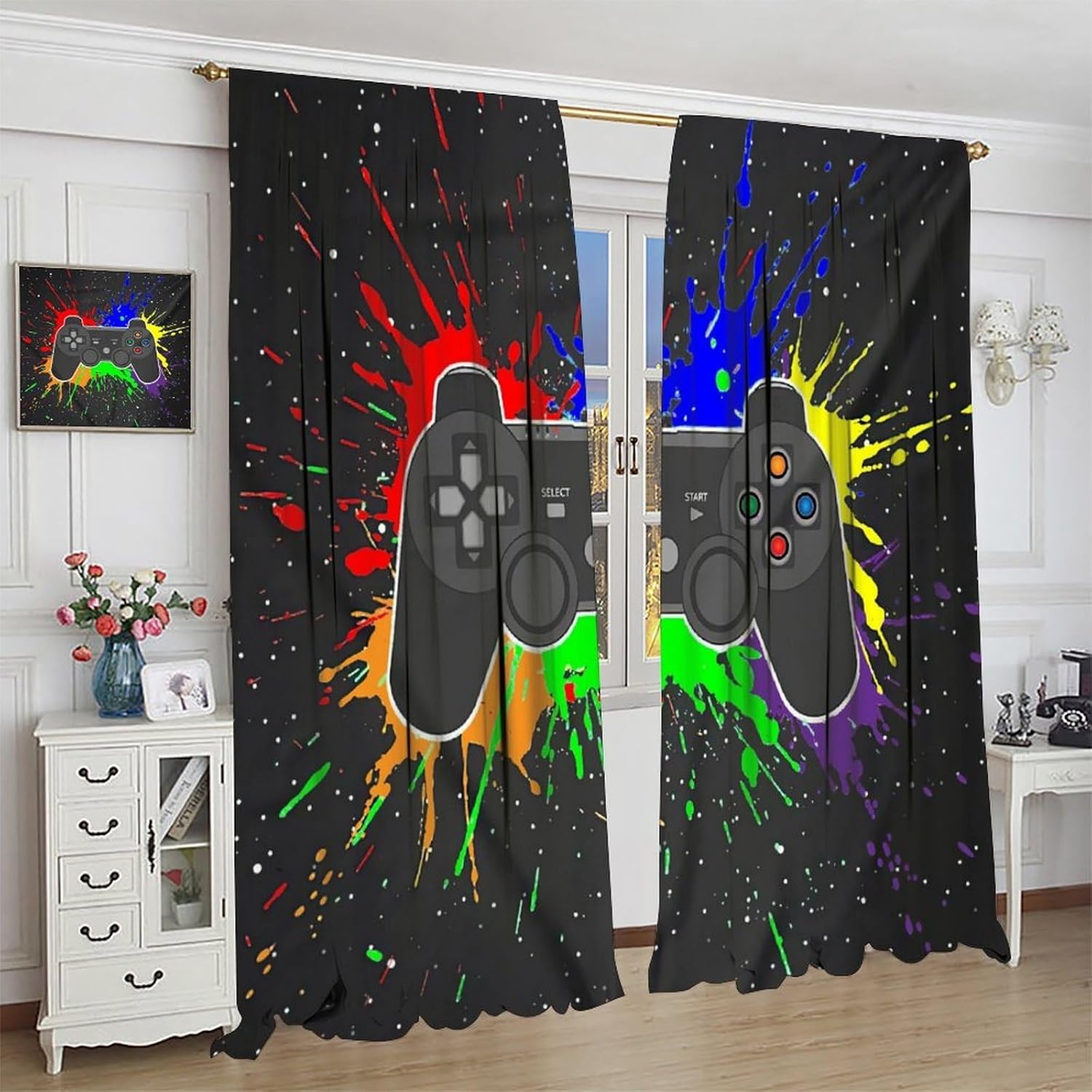 Gamepad Curtains for Boys Girls Teens Colorful Game Controller Thermal Insulated Room Curtains for Living Room, 42x45 Inch Blackout