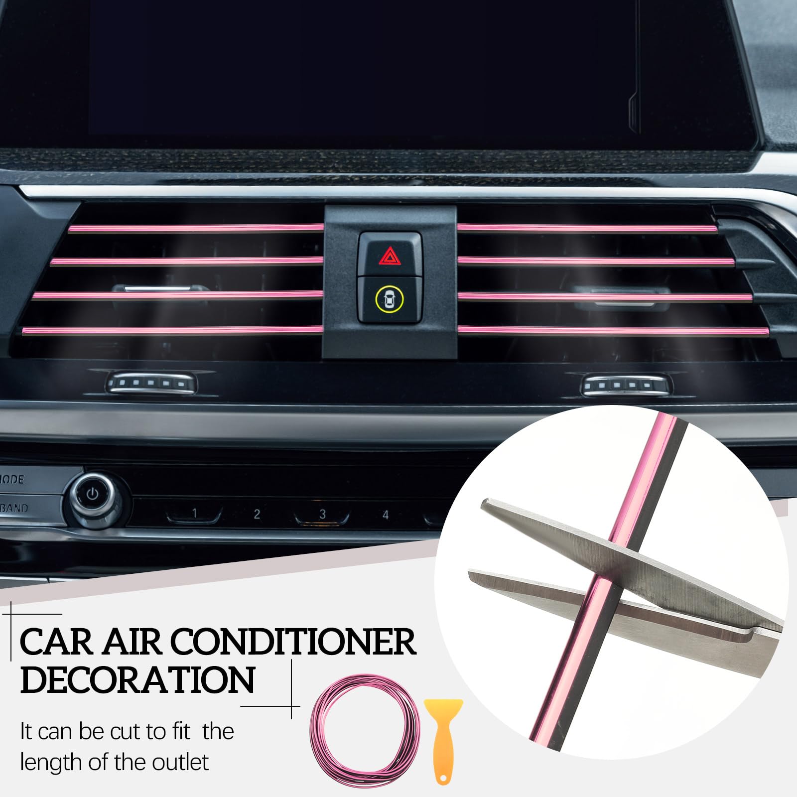Riakrum 30 Pcs Car Accessories Set Pink and Black PU Leather Steering Wheel Cover Auto Interior Accessories Gift Car Vent Trim Strips Air Conditioner Insert Strips with Installation Tool